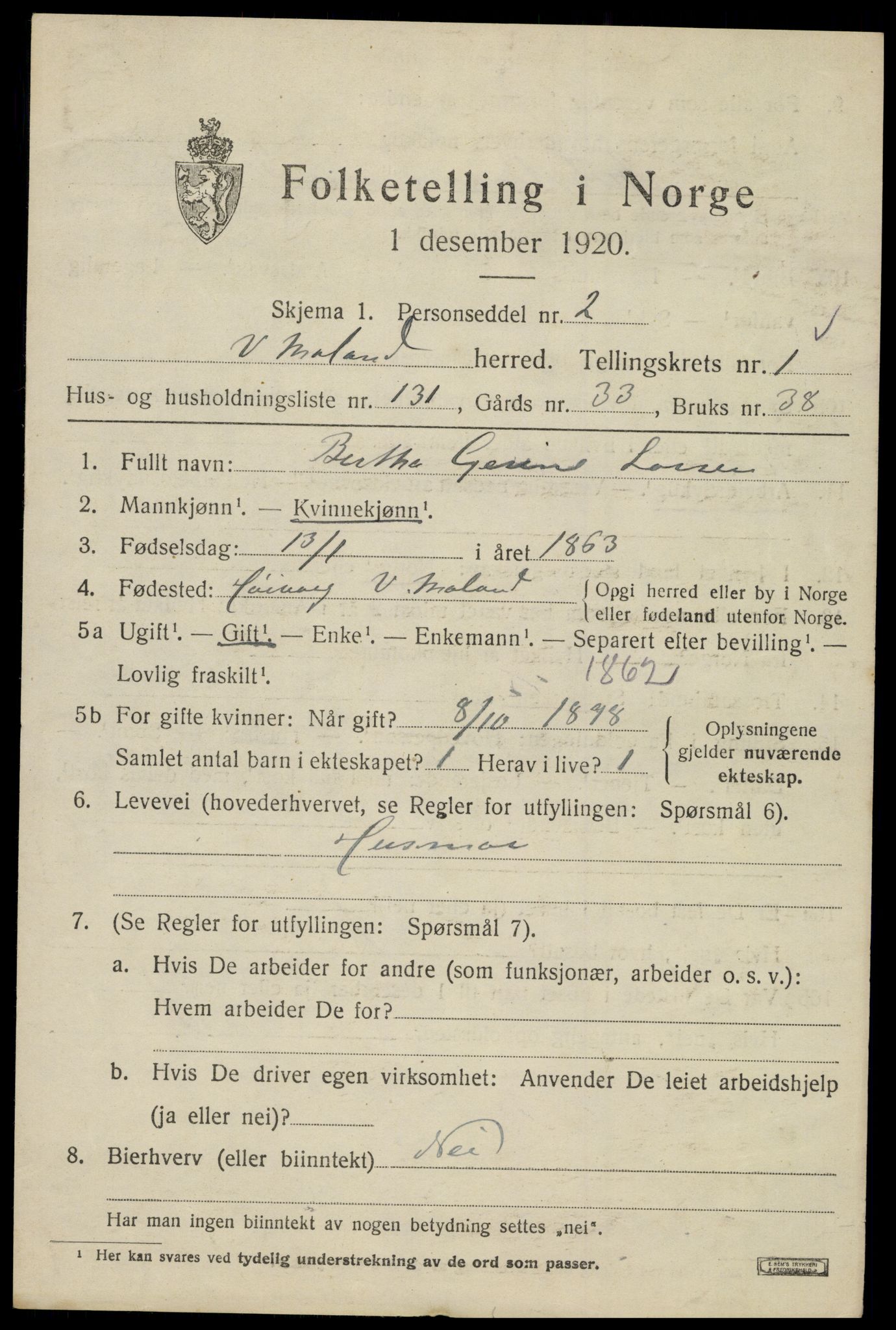 SAK, 1920 census for Vestre Moland, 1920, p. 2255