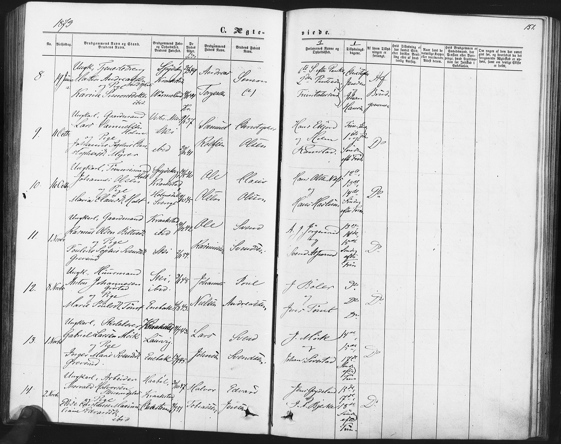 Kråkstad prestekontor Kirkebøker, AV/SAO-A-10125a/F/Fa/L0008: Parish register (official) no. I 8, 1870-1879, p. 151