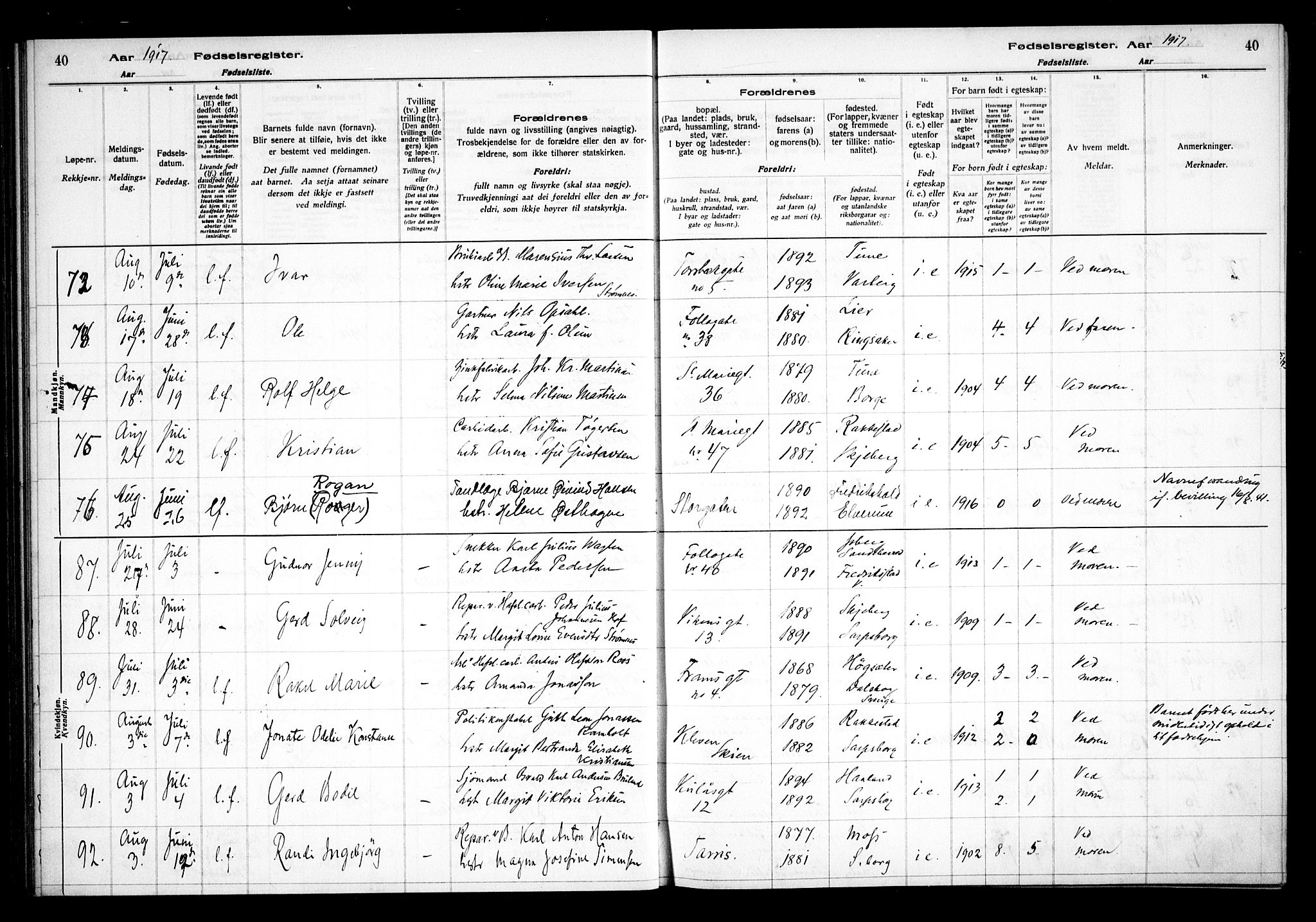 Sarpsborg prestekontor Kirkebøker, AV/SAO-A-2006/J/Ja/L0001: Birth register no. 1, 1916-1922, p. 40