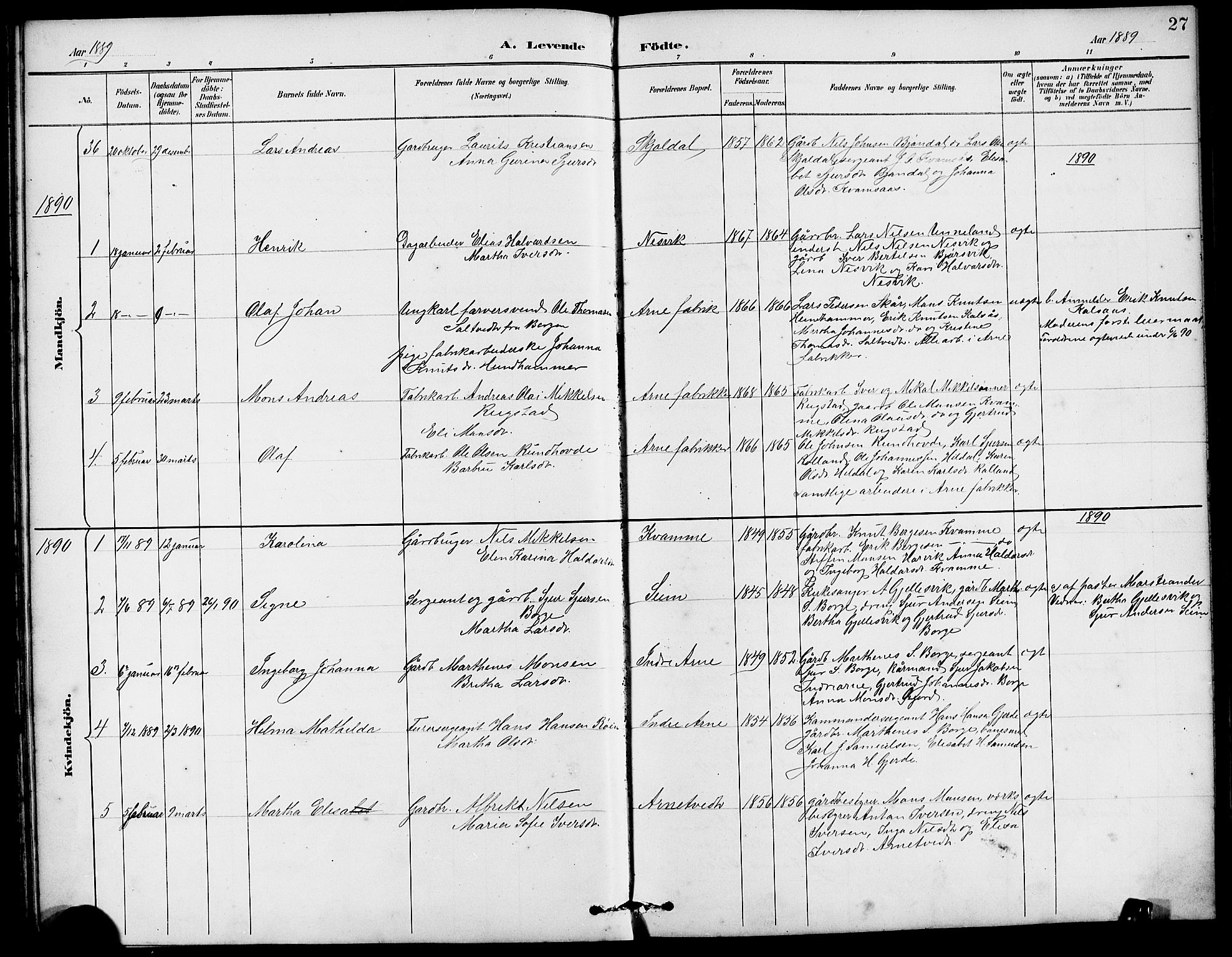 Arna Sokneprestembete, AV/SAB-A-74001/H/Ha/Hab: Parish register (copy) no. A 3, 1887-1897, p. 27