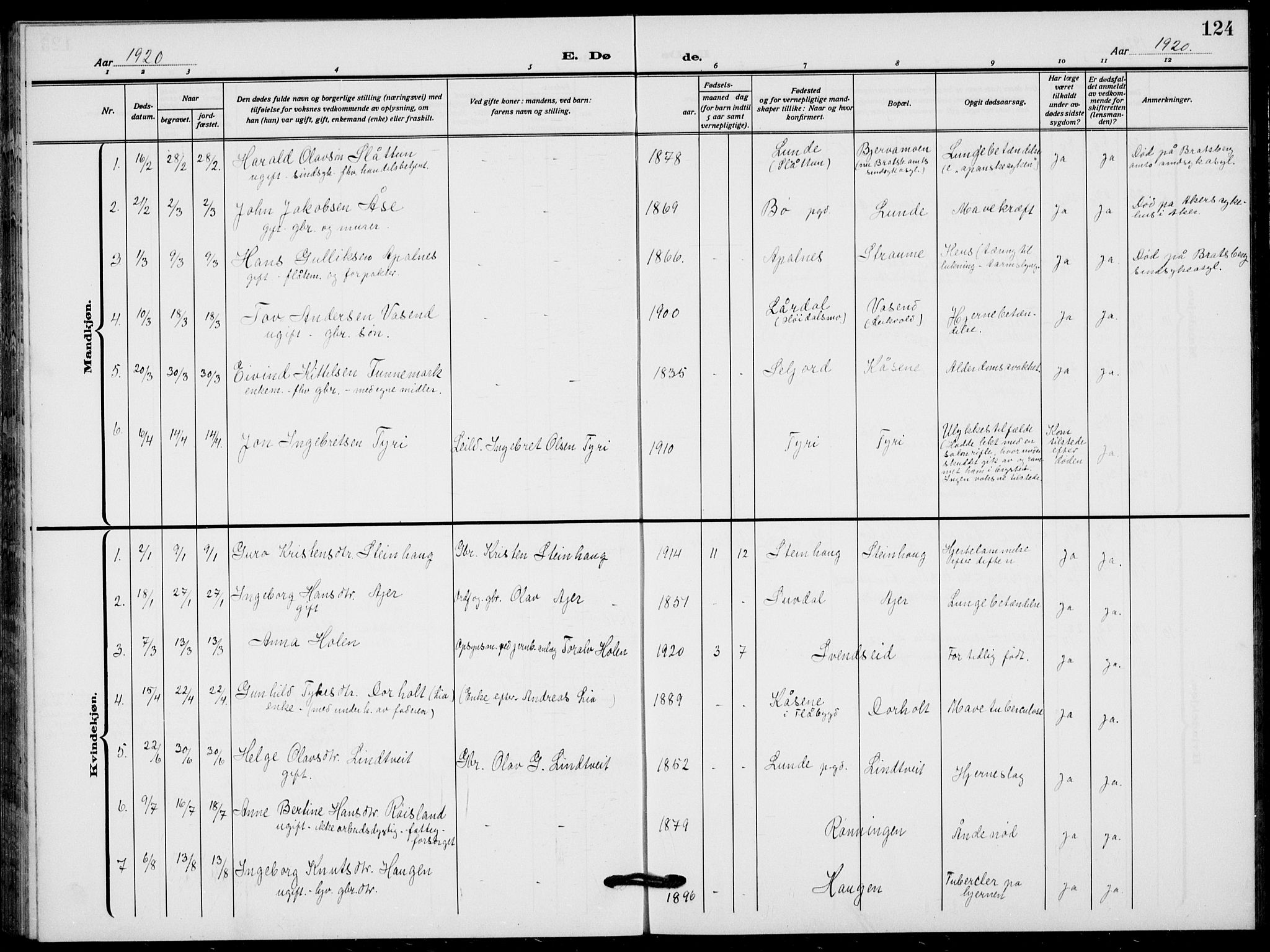 Lunde kirkebøker, SAKO/A-282/F/Fa/L0005: Parish register (official) no. I 5, 1914-1922, p. 124