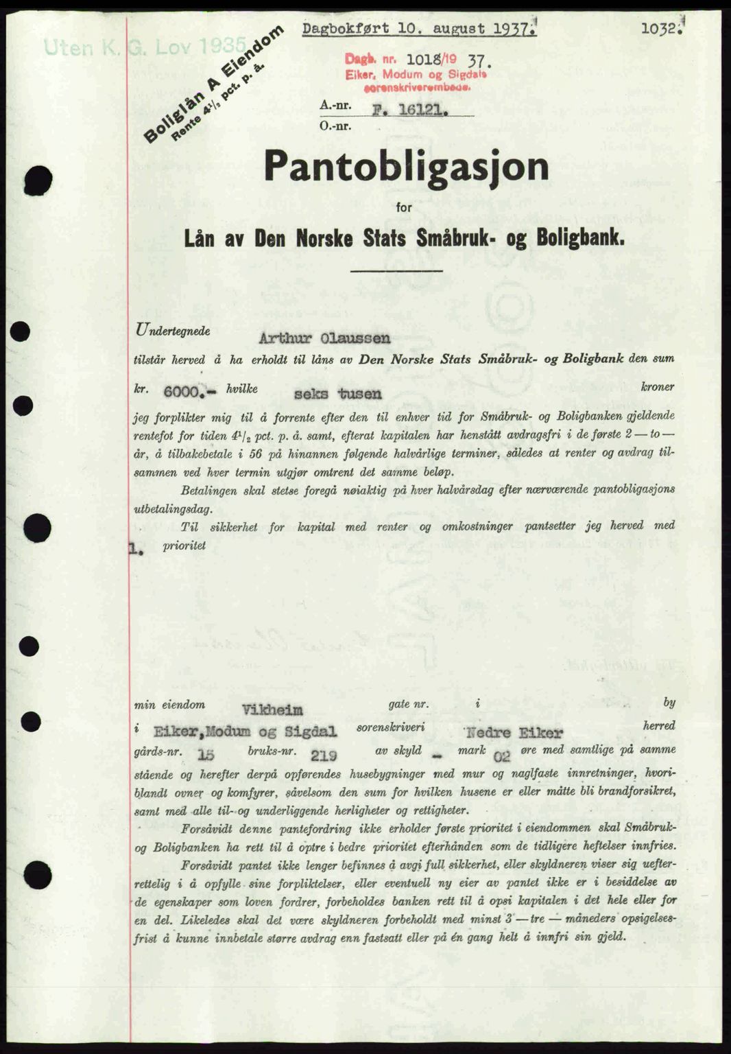 Eiker, Modum og Sigdal sorenskriveri, SAKO/A-123/G/Ga/Gab/L0035: Mortgage book no. A5, 1937-1937, Diary no: : 1618/1937