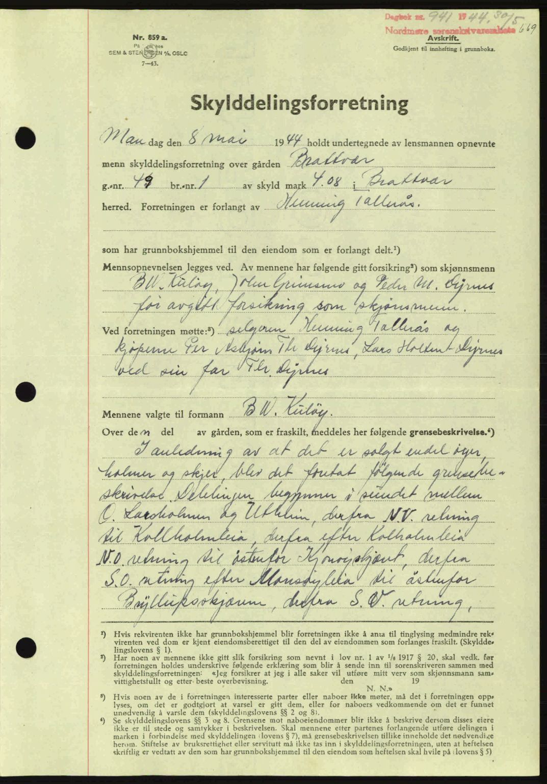 Nordmøre sorenskriveri, AV/SAT-A-4132/1/2/2Ca: Mortgage book no. A97, 1944-1944, Diary no: : 941/1944