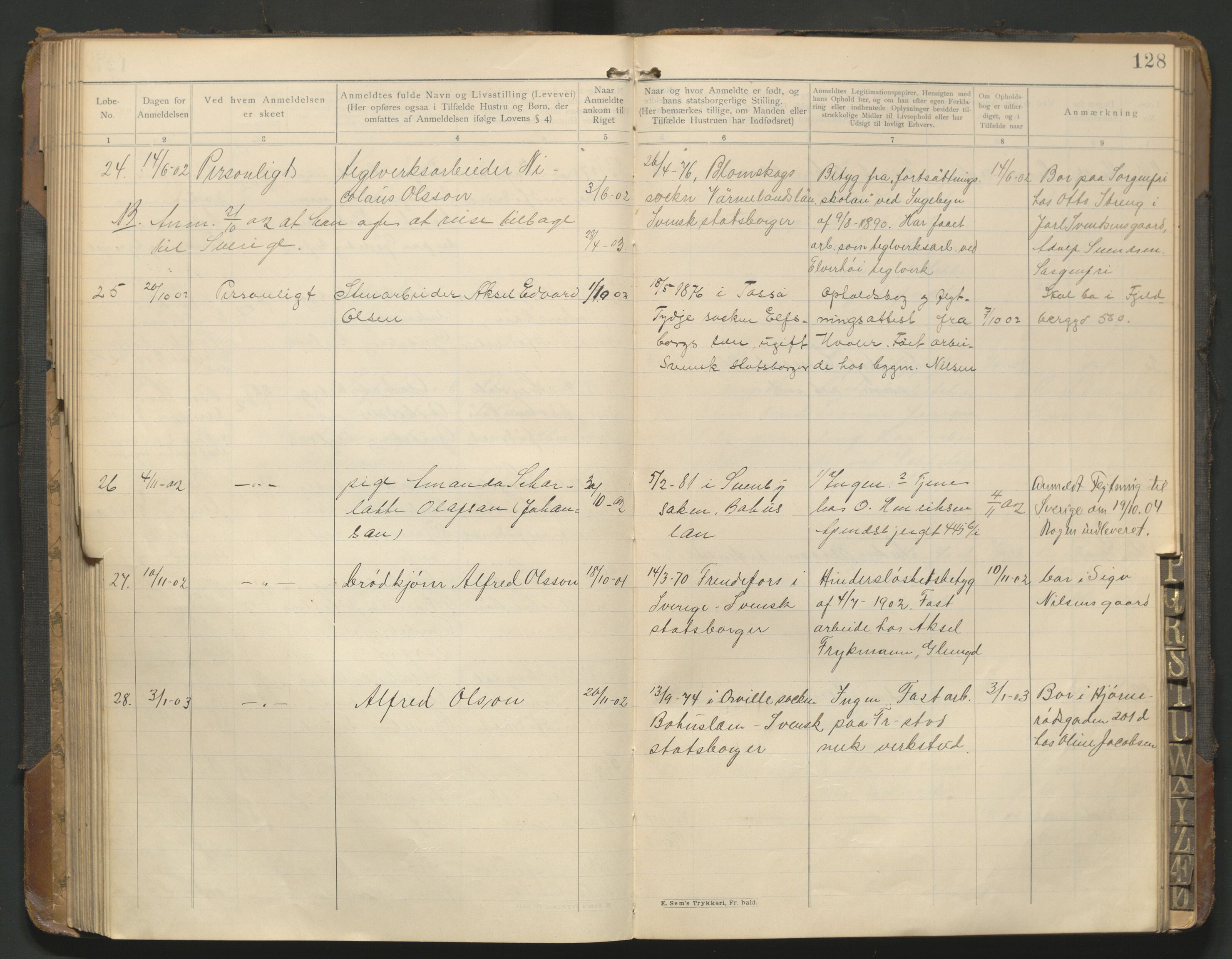 Fredrikstad politikammer, AV/SAO-A-10055/H/Hb/Hba/L0001: Protokoll over fremmede statsborgere, 1901-1916, p. 127b-128a