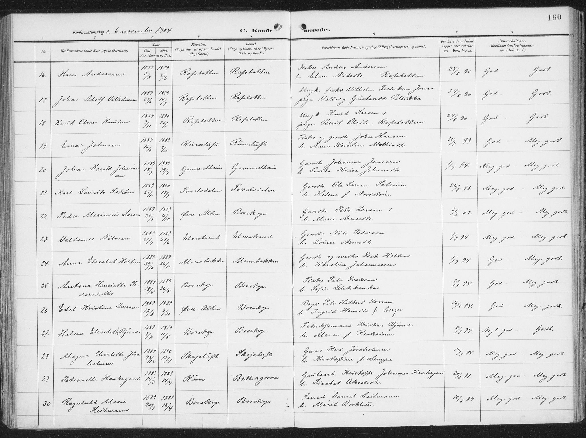 Alta sokneprestkontor, AV/SATØ-S-1338/H/Ha/L0005.kirke: Parish register (official) no. 5, 1904-1918, p. 160