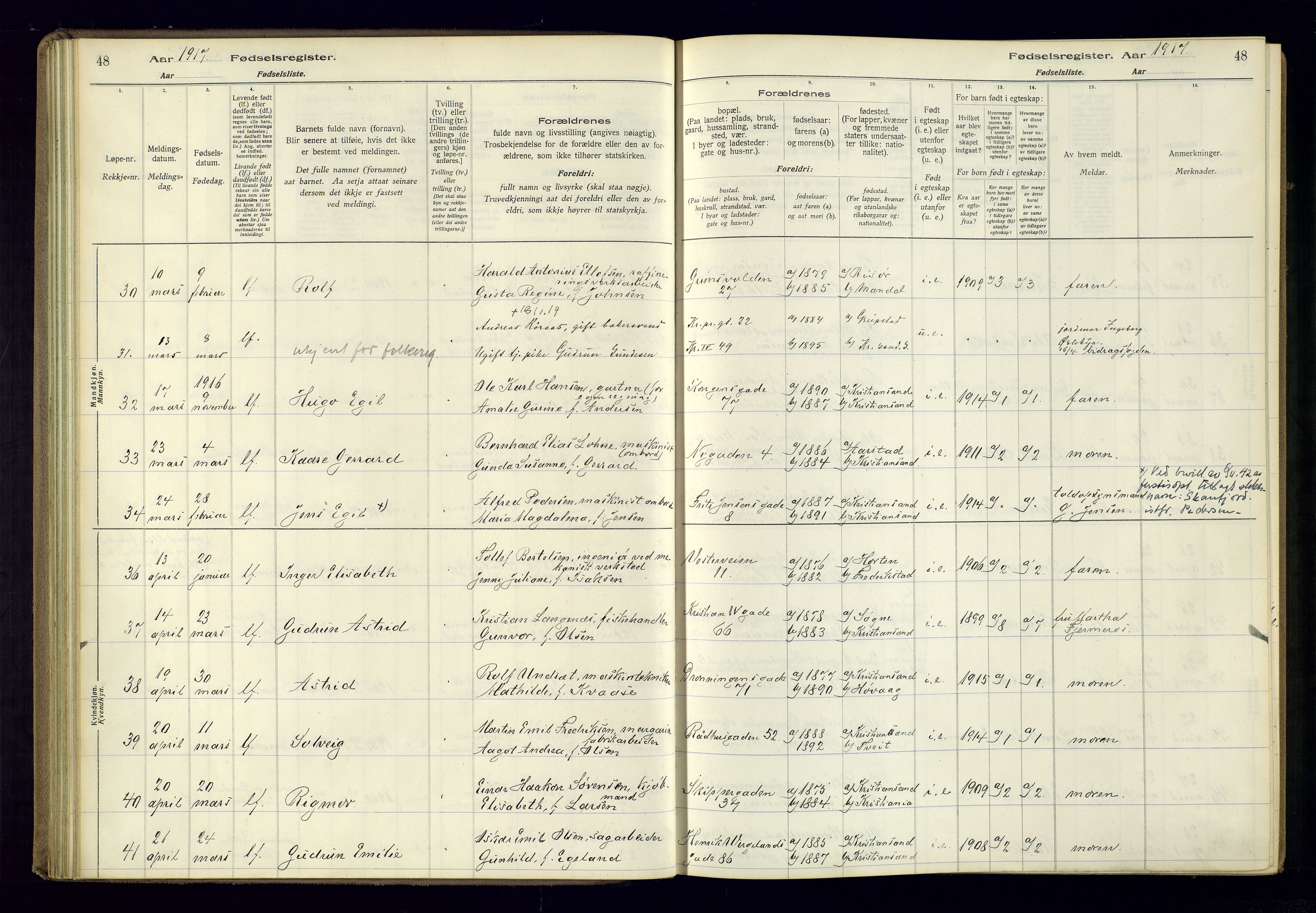 Kristiansand domprosti, SAK/1112-0006/J/Jc/L0001: Birth register no. A-VI-45, 1916-1921, p. 48