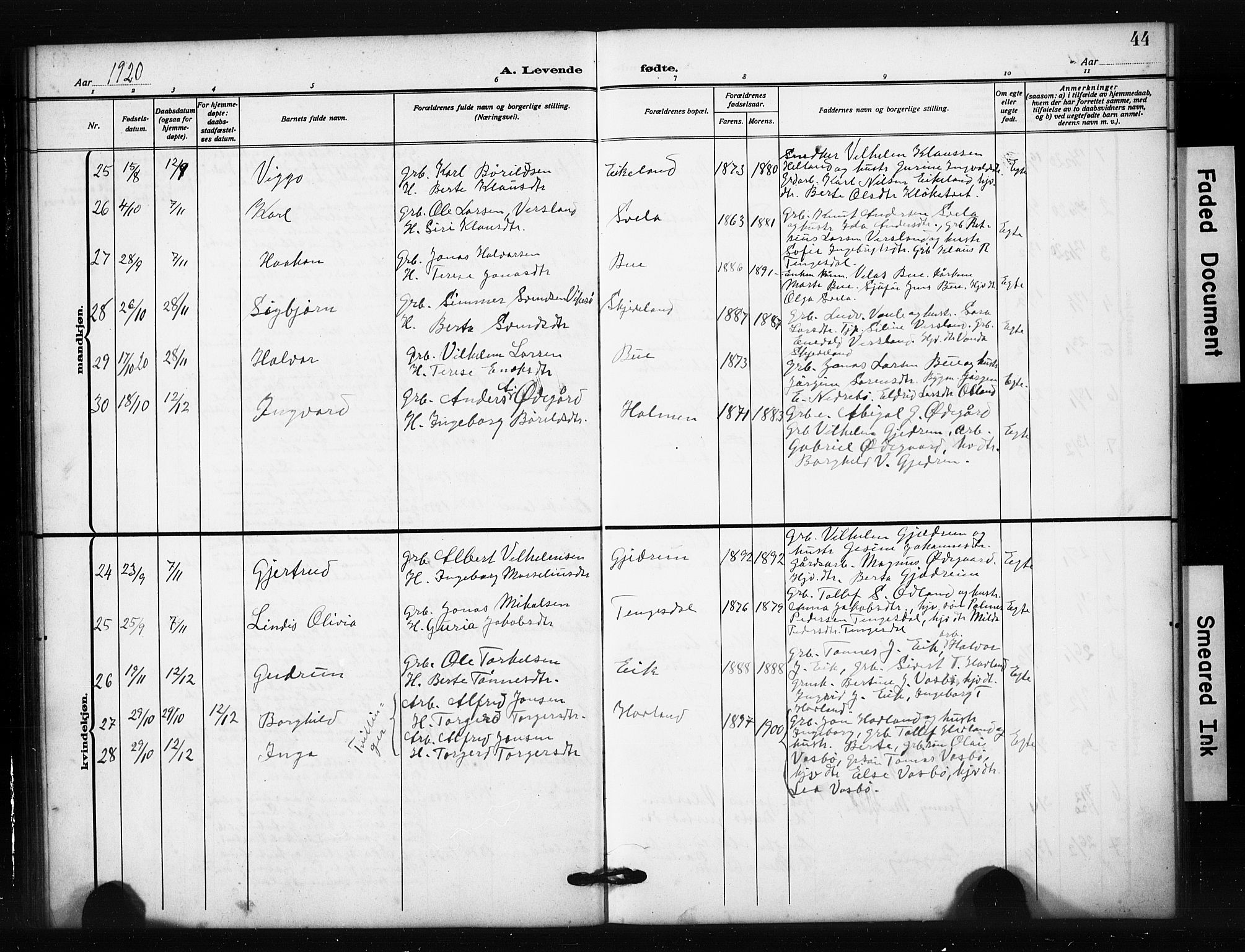 Helleland sokneprestkontor, AV/SAST-A-101810: Parish register (copy) no. B 6, 1909-1923, p. 44