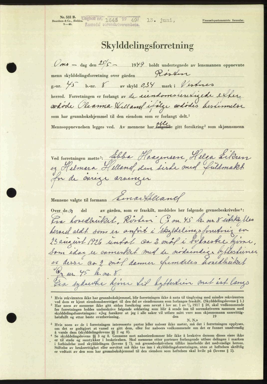 Romsdal sorenskriveri, AV/SAT-A-4149/1/2/2C: Mortgage book no. A30, 1949-1949, Diary no: : 1645/1949