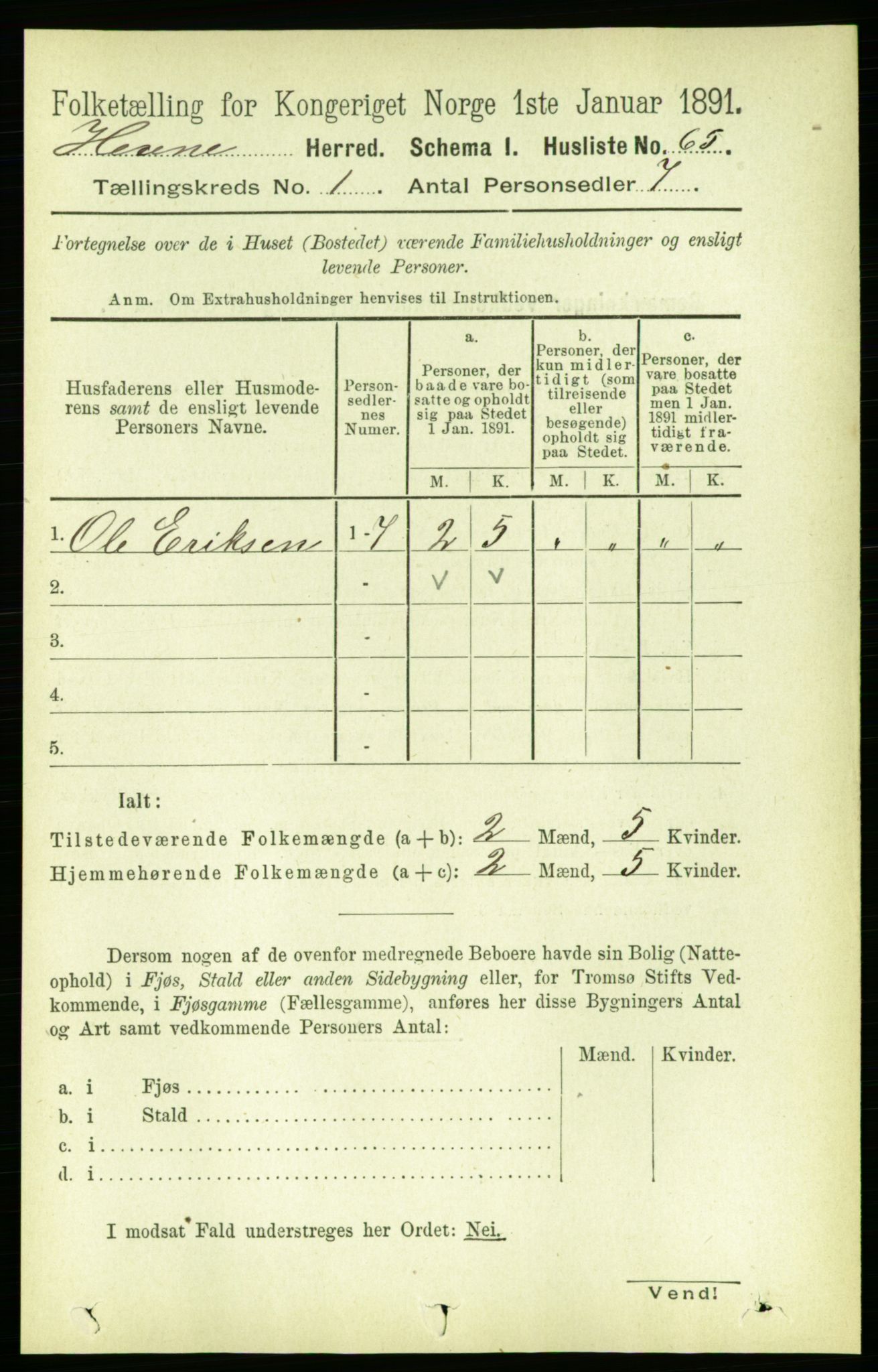 RA, 1891 census for 1612 Hemne, 1891, p. 101