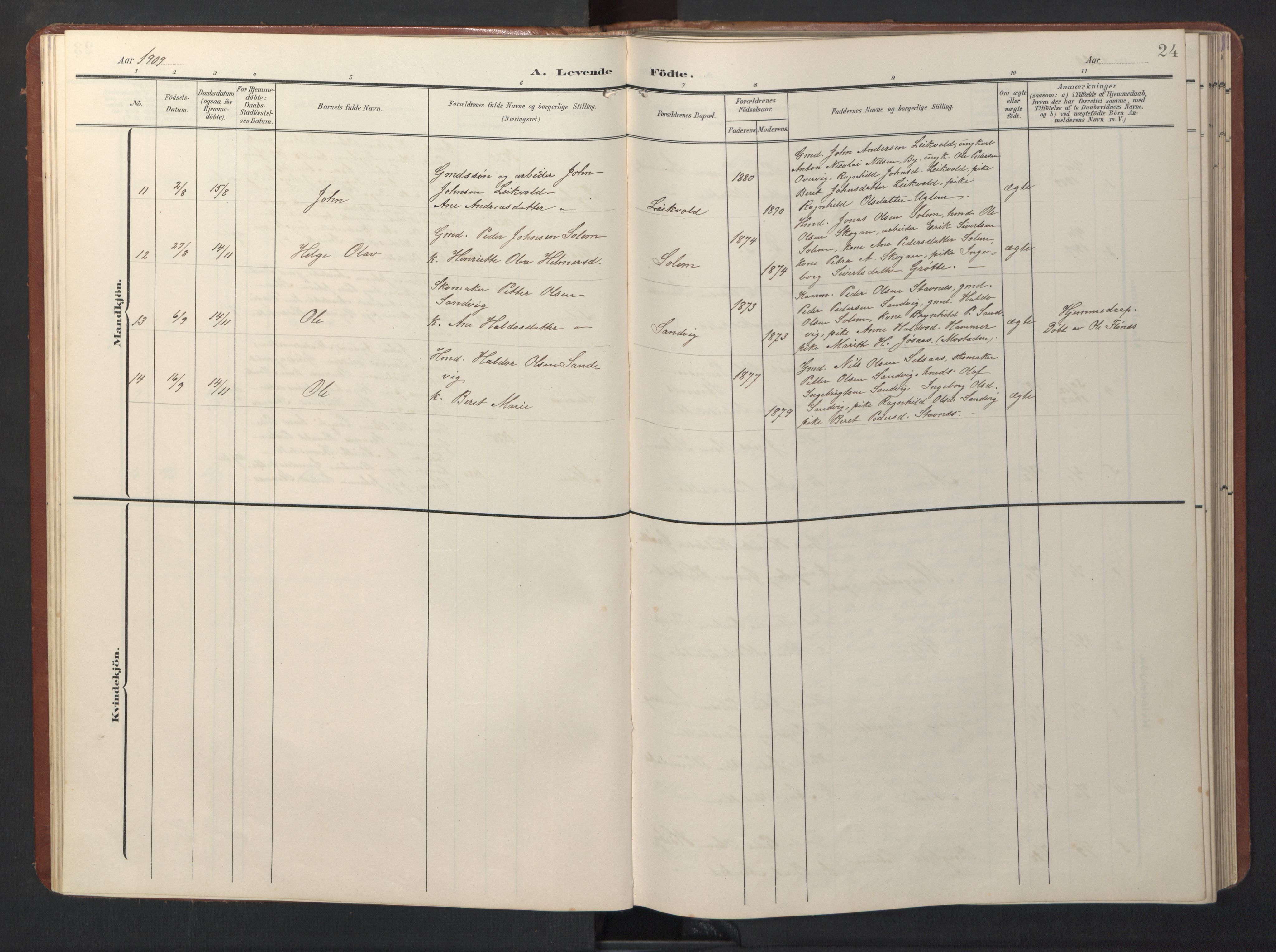 Ministerialprotokoller, klokkerbøker og fødselsregistre - Sør-Trøndelag, SAT/A-1456/696/L1161: Parish register (copy) no. 696C01, 1902-1950, p. 24