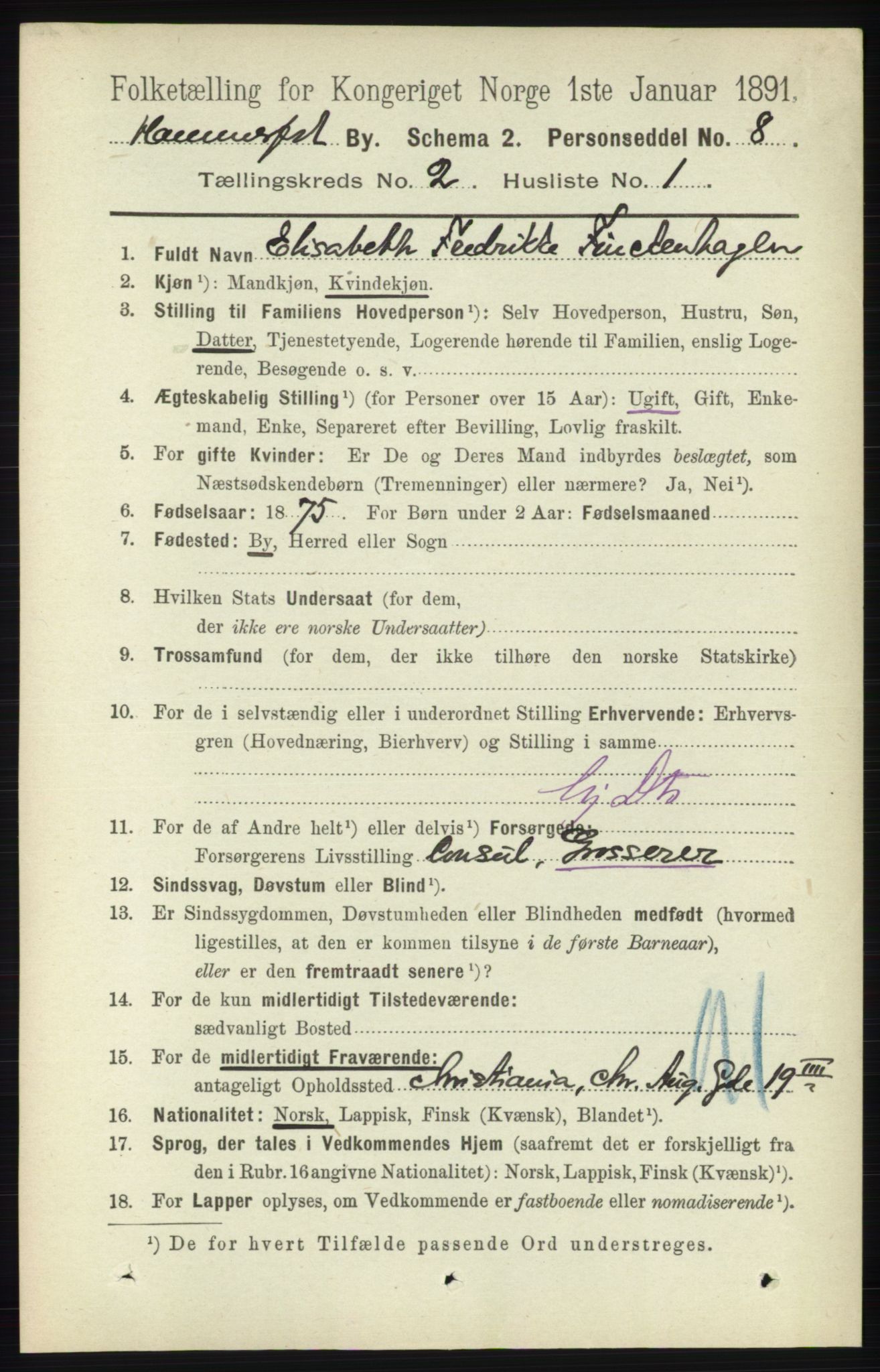 RA, 1891 census for 2001 Hammerfest, 1891, p. 279