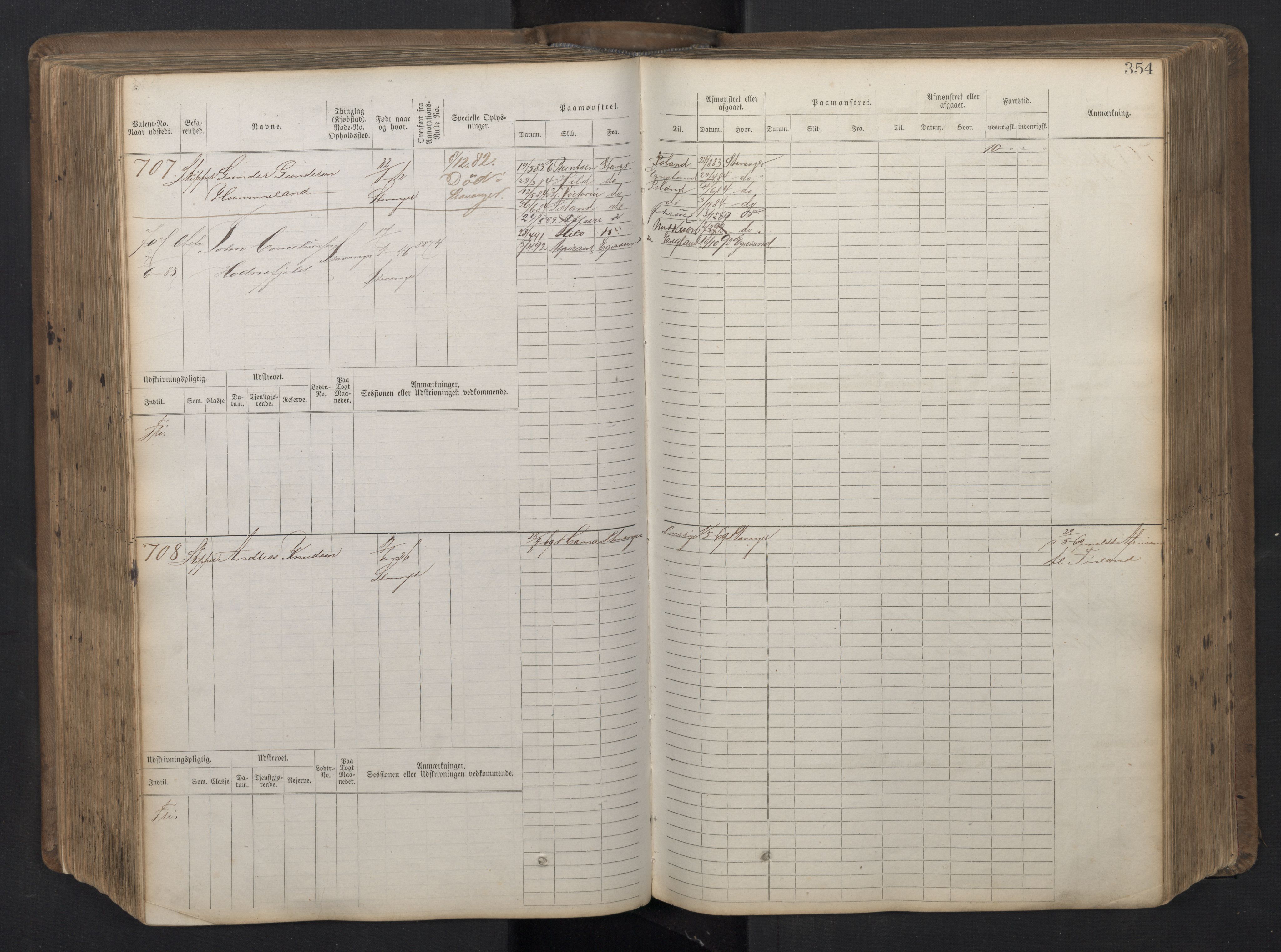 Stavanger sjømannskontor, AV/SAST-A-102006/F/Fb/Fbb/L0016: Sjøfartshovedrulle patnentnr. 1-1202 (dublett), 1869, p. 354