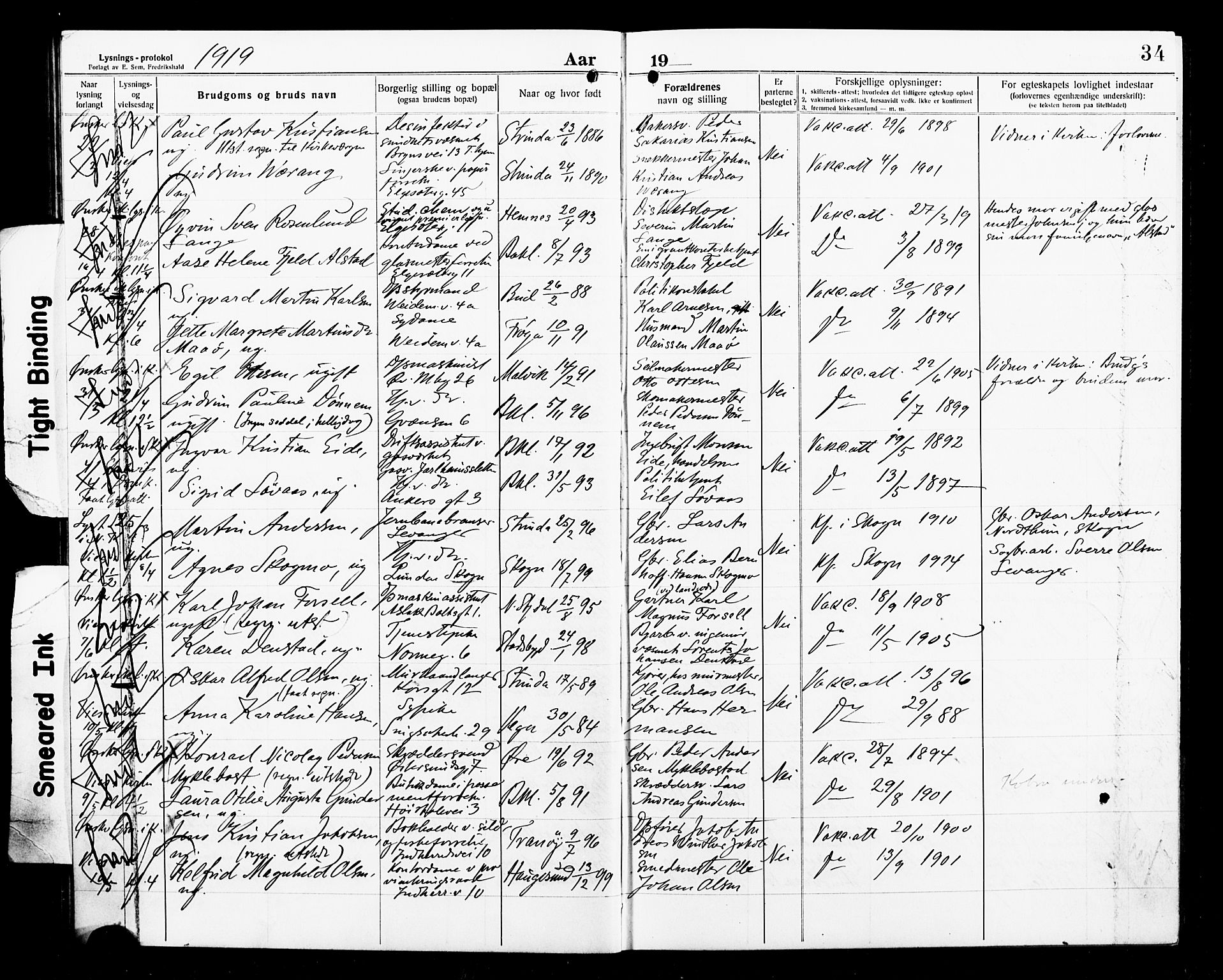 Ministerialprotokoller, klokkerbøker og fødselsregistre - Sør-Trøndelag, AV/SAT-A-1456/604/L0195: Banns register no. 604A16, 1916-1921, p. 34