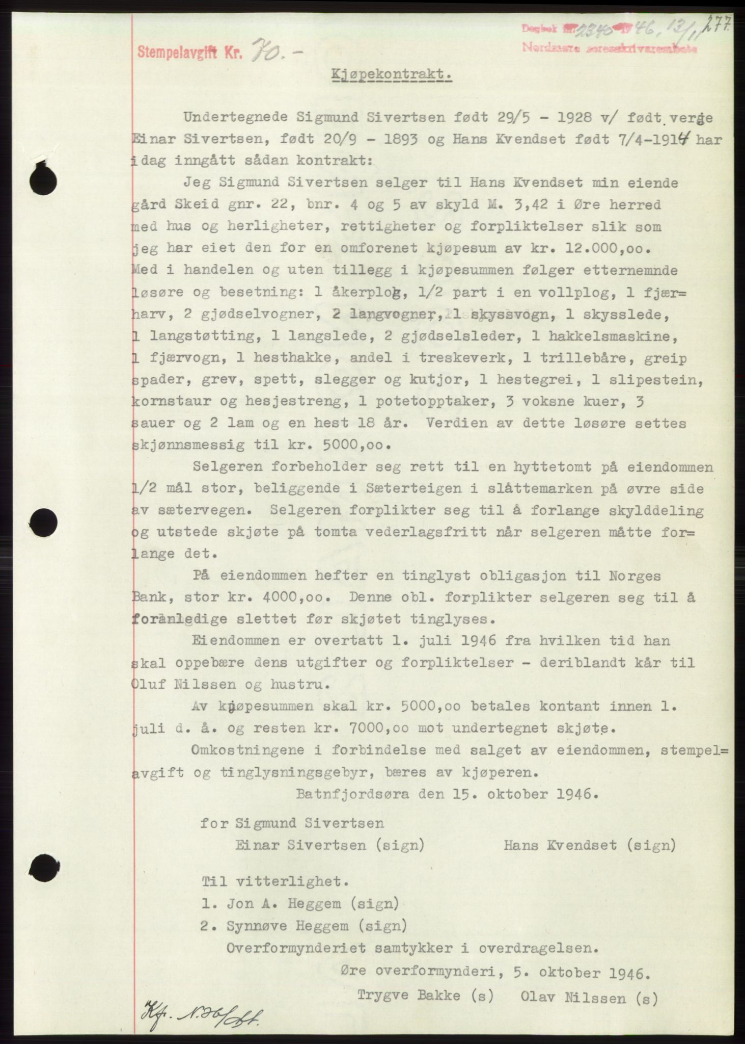 Nordmøre sorenskriveri, AV/SAT-A-4132/1/2/2Ca: Mortgage book no. B95, 1946-1947, Diary no: : 2340/1946