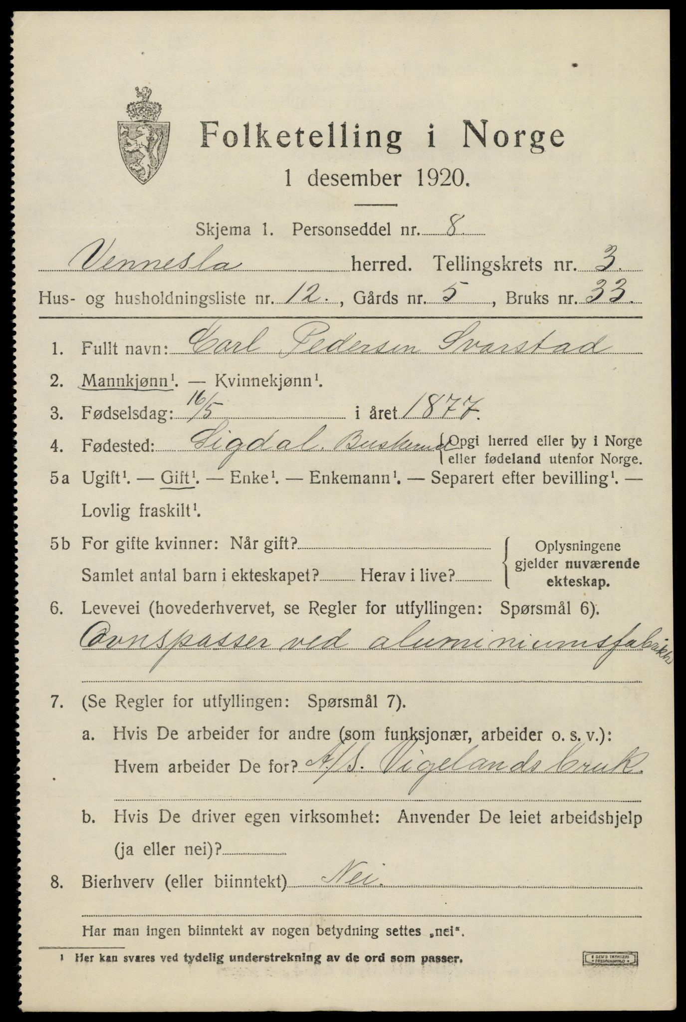 SAK, 1920 census for Vennesla, 1920, p. 2362