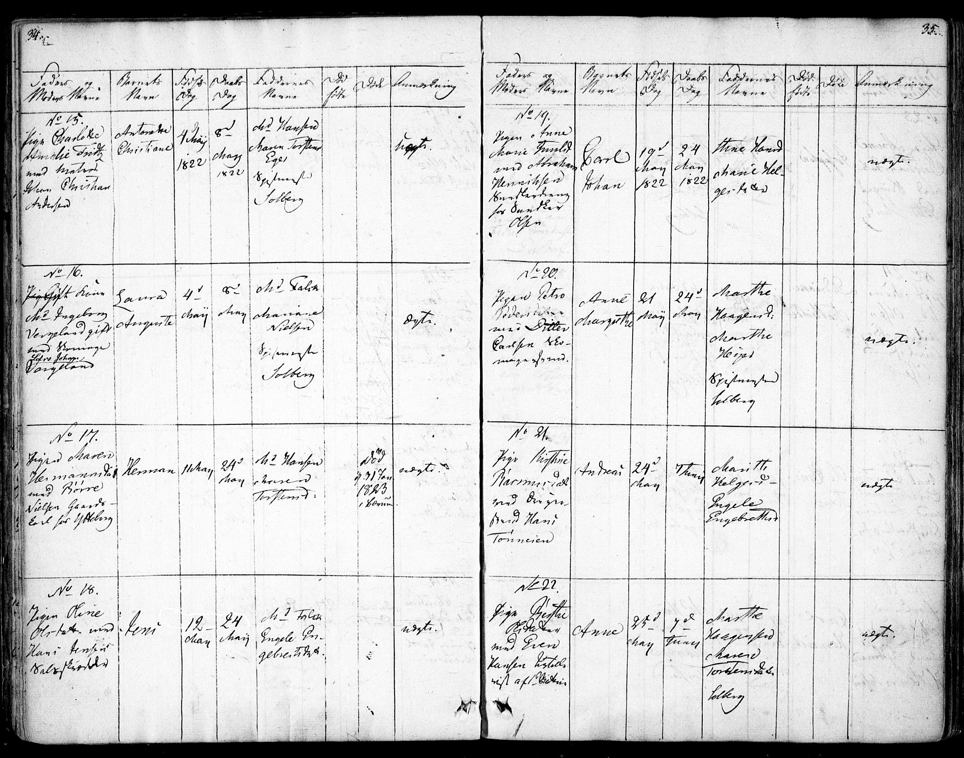 Rikshospitalet prestekontor Kirkebøker, SAO/A-10309b/F/L0001: Parish register (official) no. 1, 1818-1832, p. 34-35