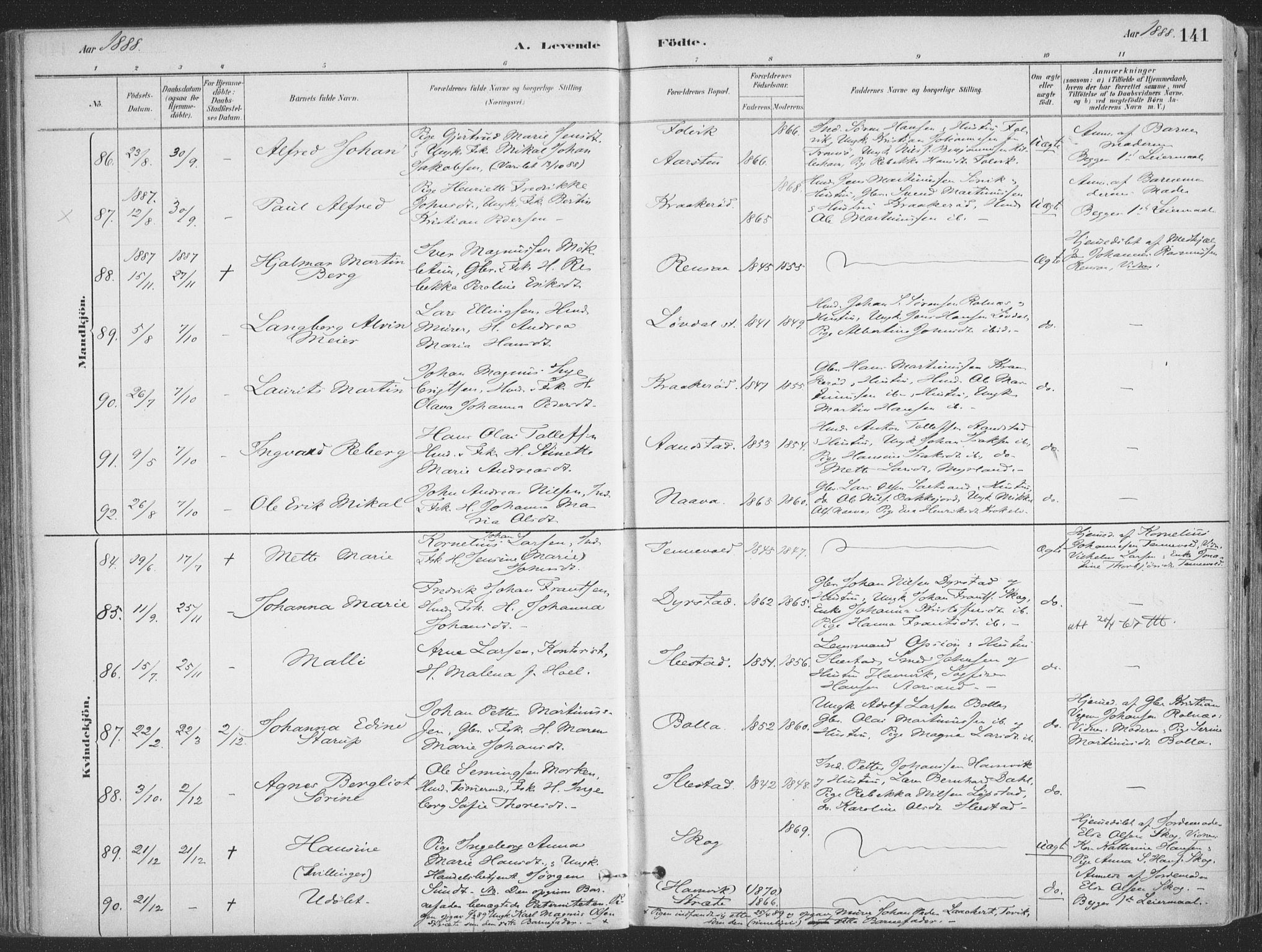 Ibestad sokneprestembete, AV/SATØ-S-0077/H/Ha/Haa/L0011kirke: Parish register (official) no. 11, 1880-1889, p. 141