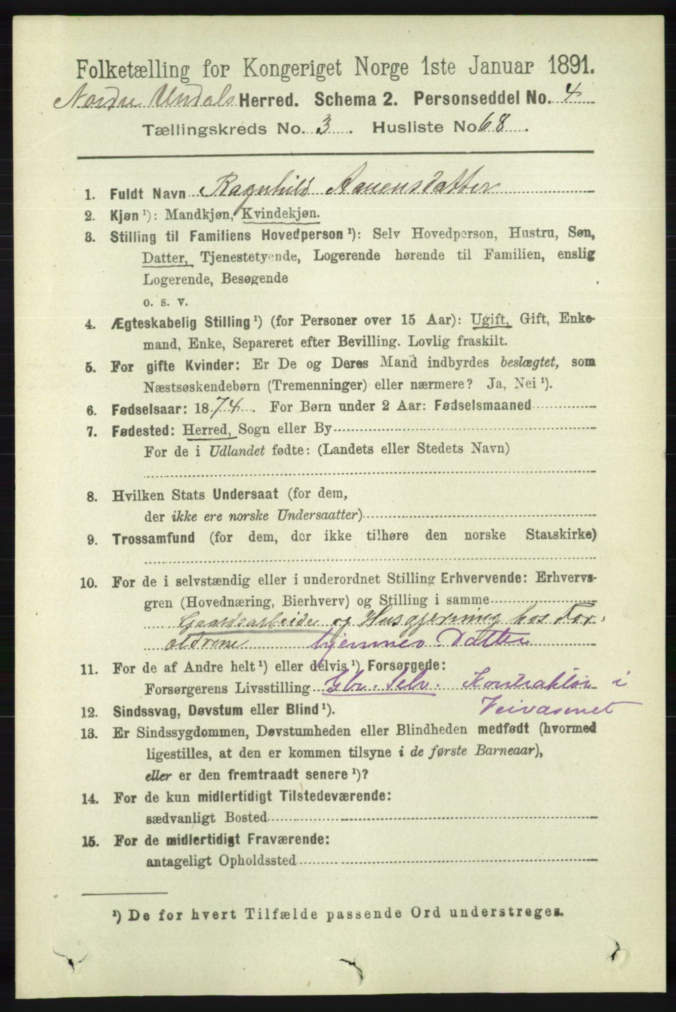 RA, 1891 census for 1028 Nord-Audnedal, 1891, p. 1073