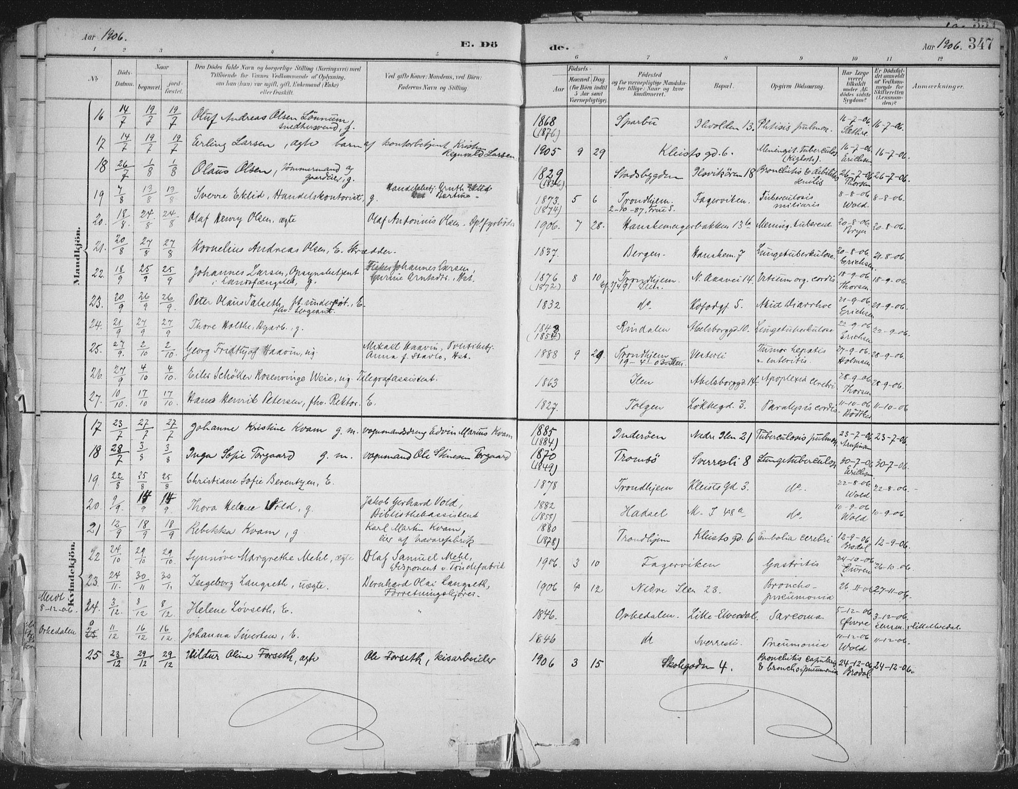 Ministerialprotokoller, klokkerbøker og fødselsregistre - Sør-Trøndelag, SAT/A-1456/603/L0167: Parish register (official) no. 603A06, 1896-1932, p. 347