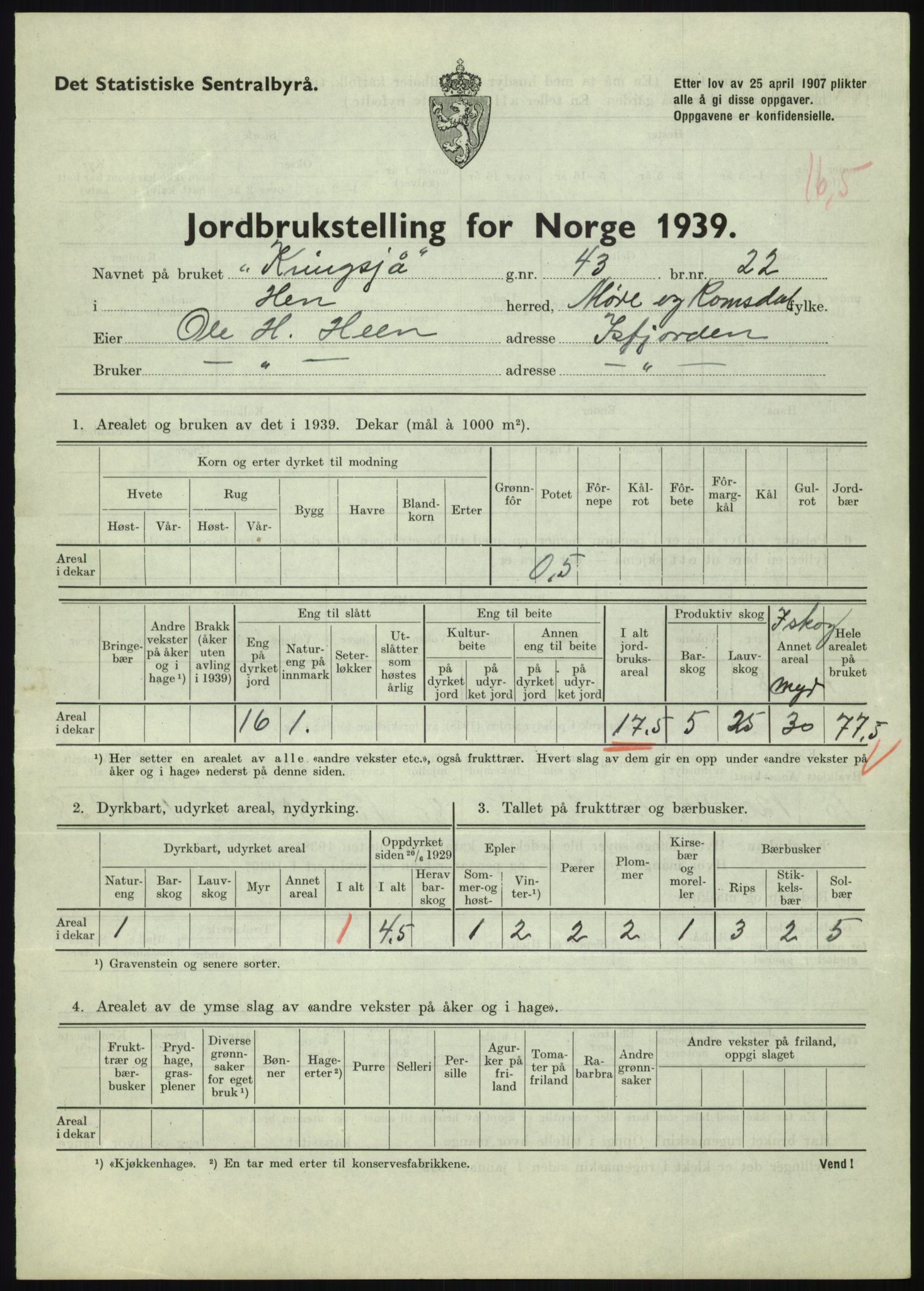 Statistisk sentralbyrå, Næringsøkonomiske emner, Jordbruk, skogbruk, jakt, fiske og fangst, AV/RA-S-2234/G/Gb/L0251: Møre og Romsdal: Voll, Eid, Grytten og Hen, 1939, p. 1117