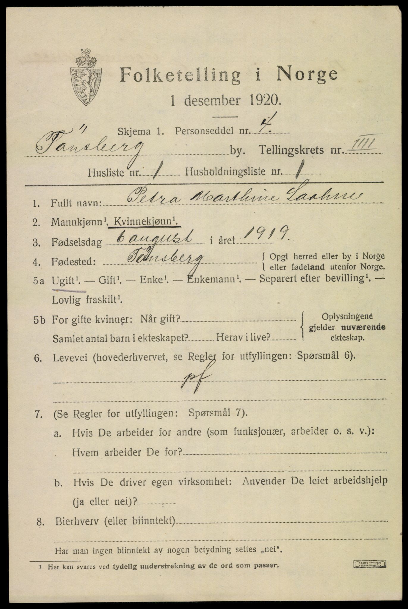 SAKO, 1920 census for Tønsberg, 1920, p. 12009