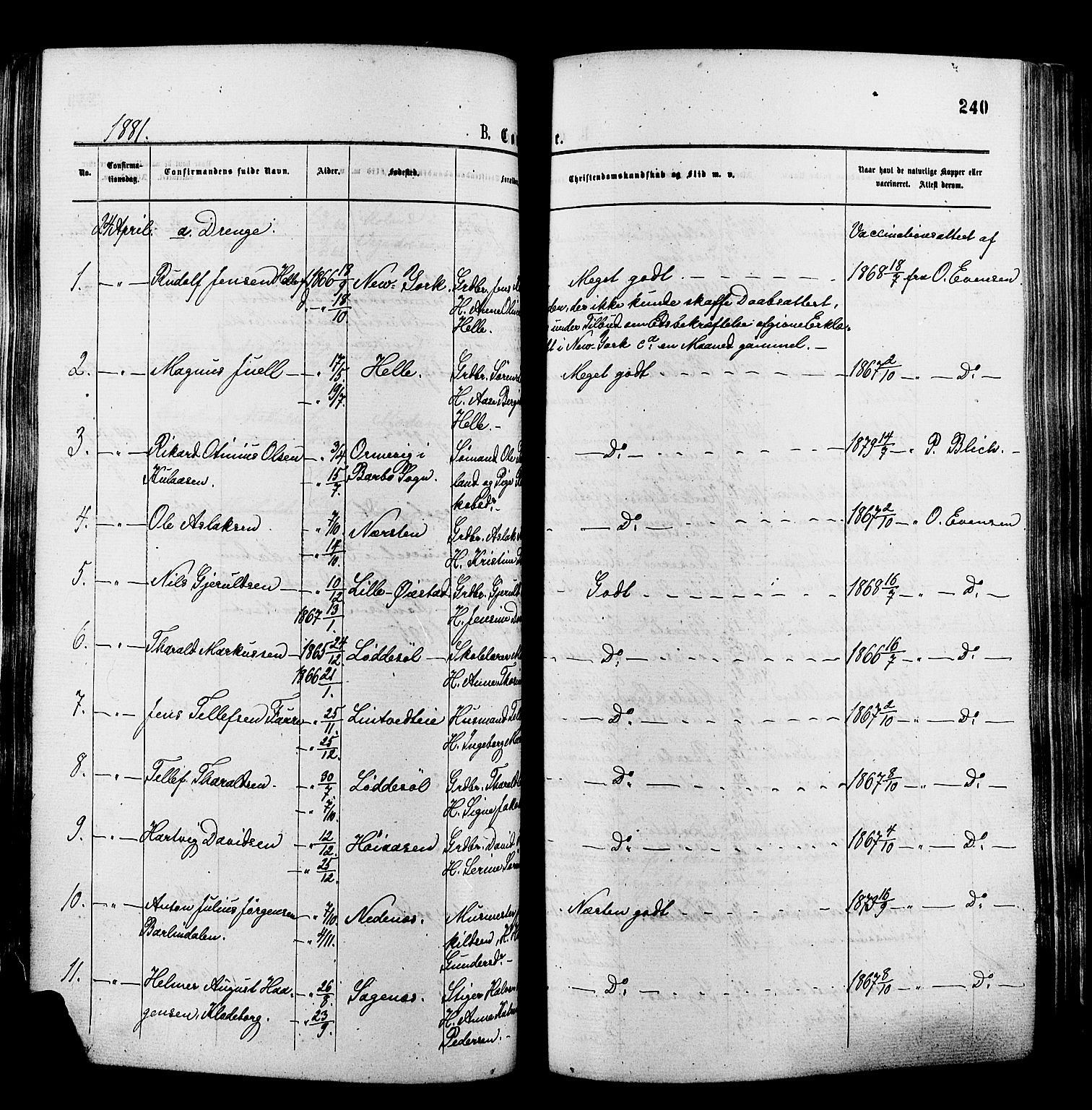 Øyestad sokneprestkontor, SAK/1111-0049/F/Fa/L0016: Parish register (official) no. A 16, 1874-1886, p. 240