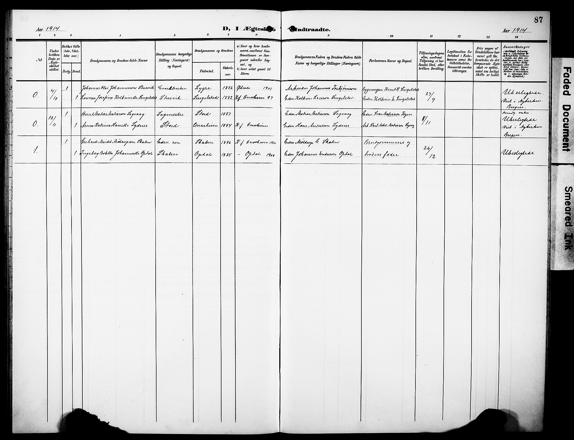 Tysnes sokneprestembete, SAB/A-78601/H/Hab: Parish register (copy) no. C 3, 1908-1924, p. 87