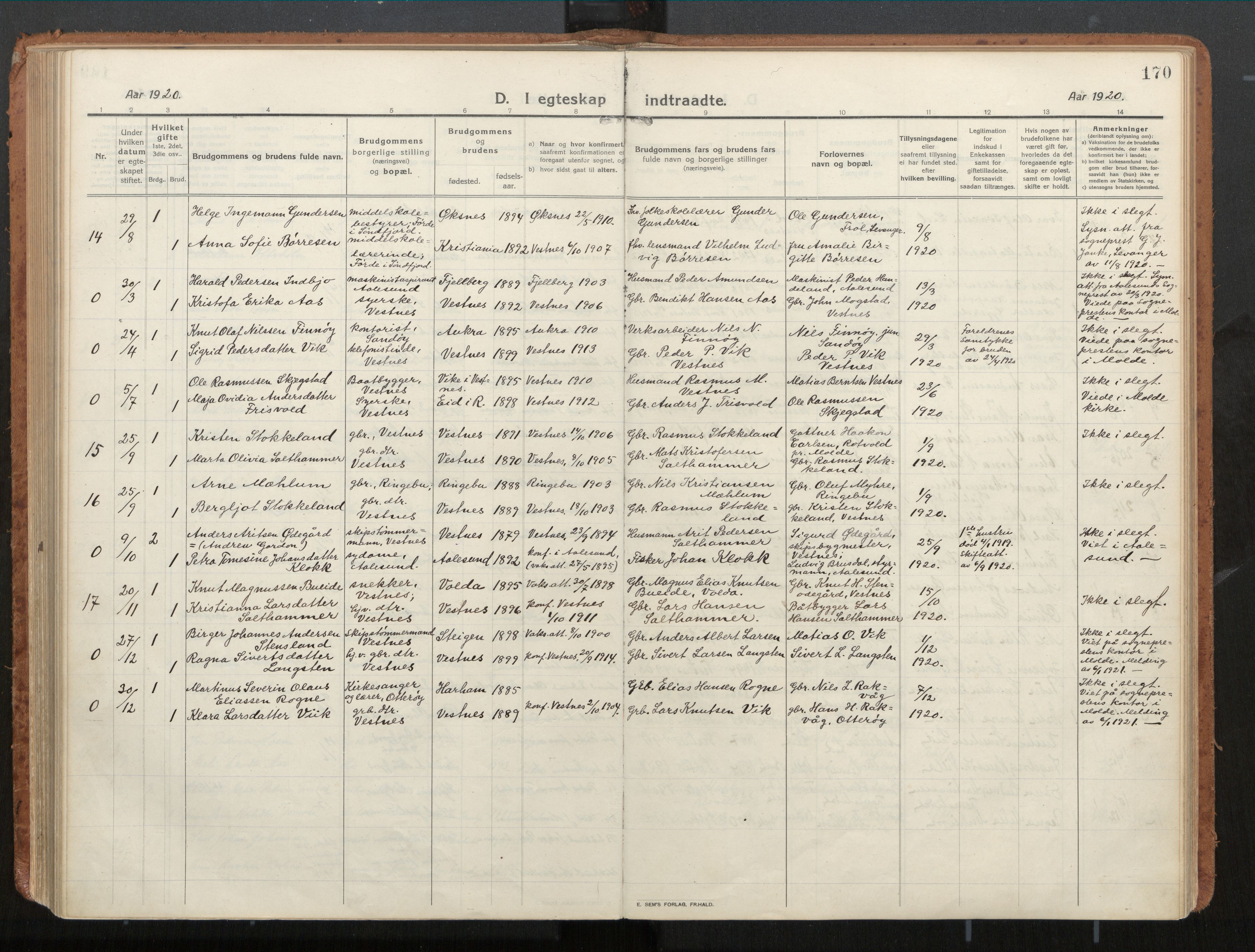 Ministerialprotokoller, klokkerbøker og fødselsregistre - Møre og Romsdal, AV/SAT-A-1454/539/L0534a: Parish register (official) no. 539A08, 1912-1935, p. 170