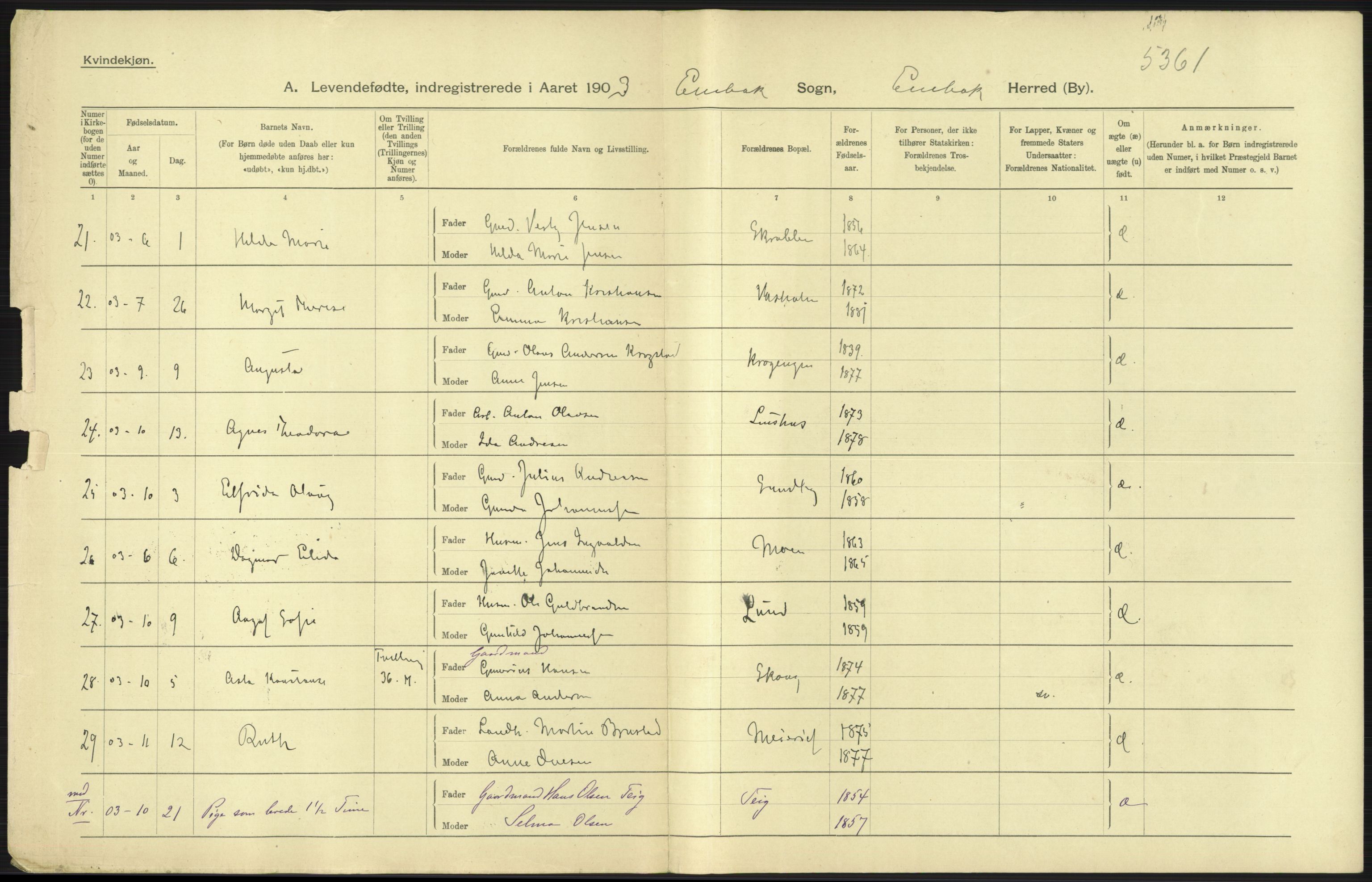 Statistisk sentralbyrå, Sosiodemografiske emner, Befolkning, AV/RA-S-2228/D/Df/Dfa/Dfaa/L0002: Akershus amt: Fødte, gifte, døde, 1903, p. 79