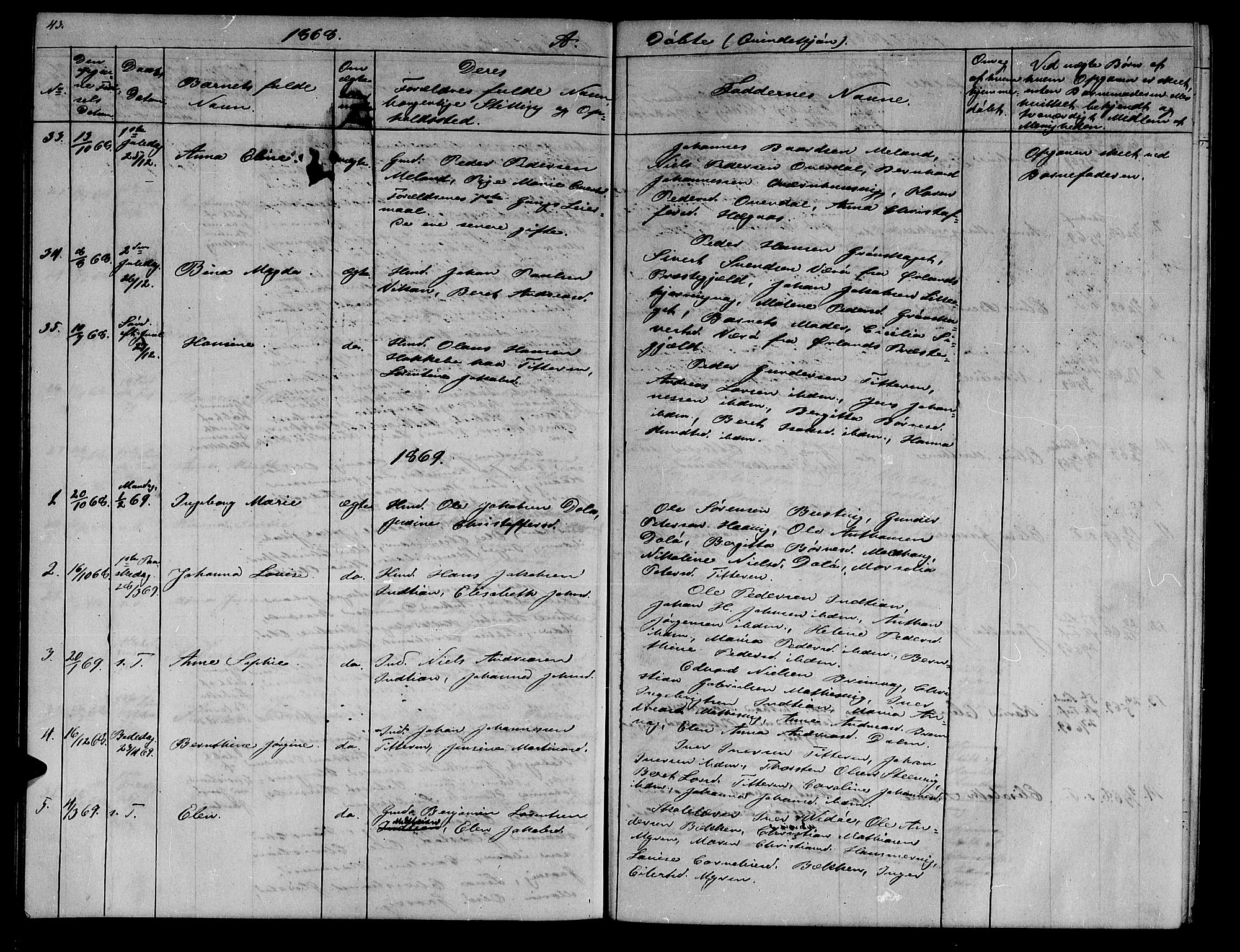 Ministerialprotokoller, klokkerbøker og fødselsregistre - Sør-Trøndelag, SAT/A-1456/634/L0539: Parish register (copy) no. 634C01, 1866-1873, p. 43