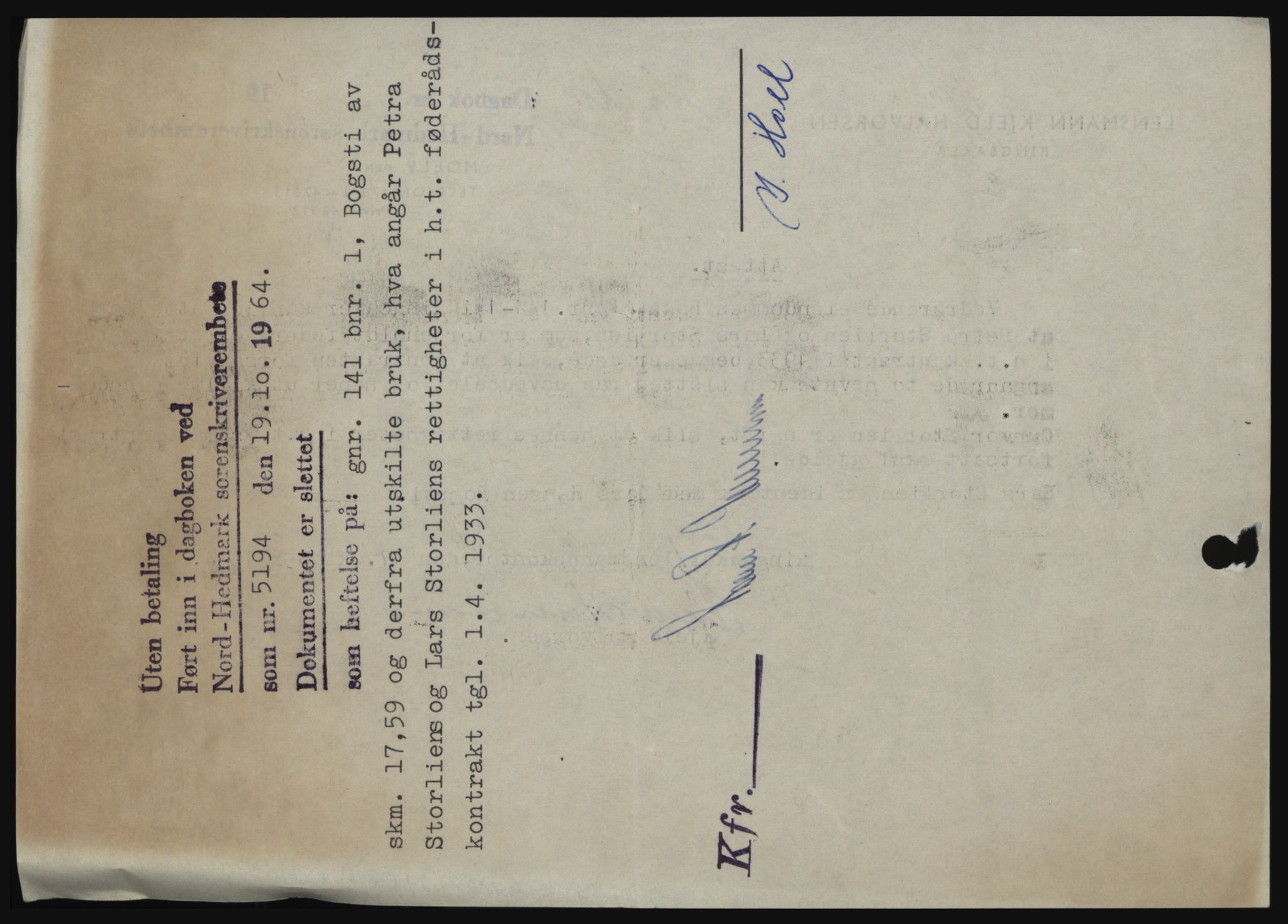 Nord-Hedmark sorenskriveri, SAH/TING-012/H/Hc/L0020: Mortgage book no. 20, 1964-1964, Diary no: : 5194/1964