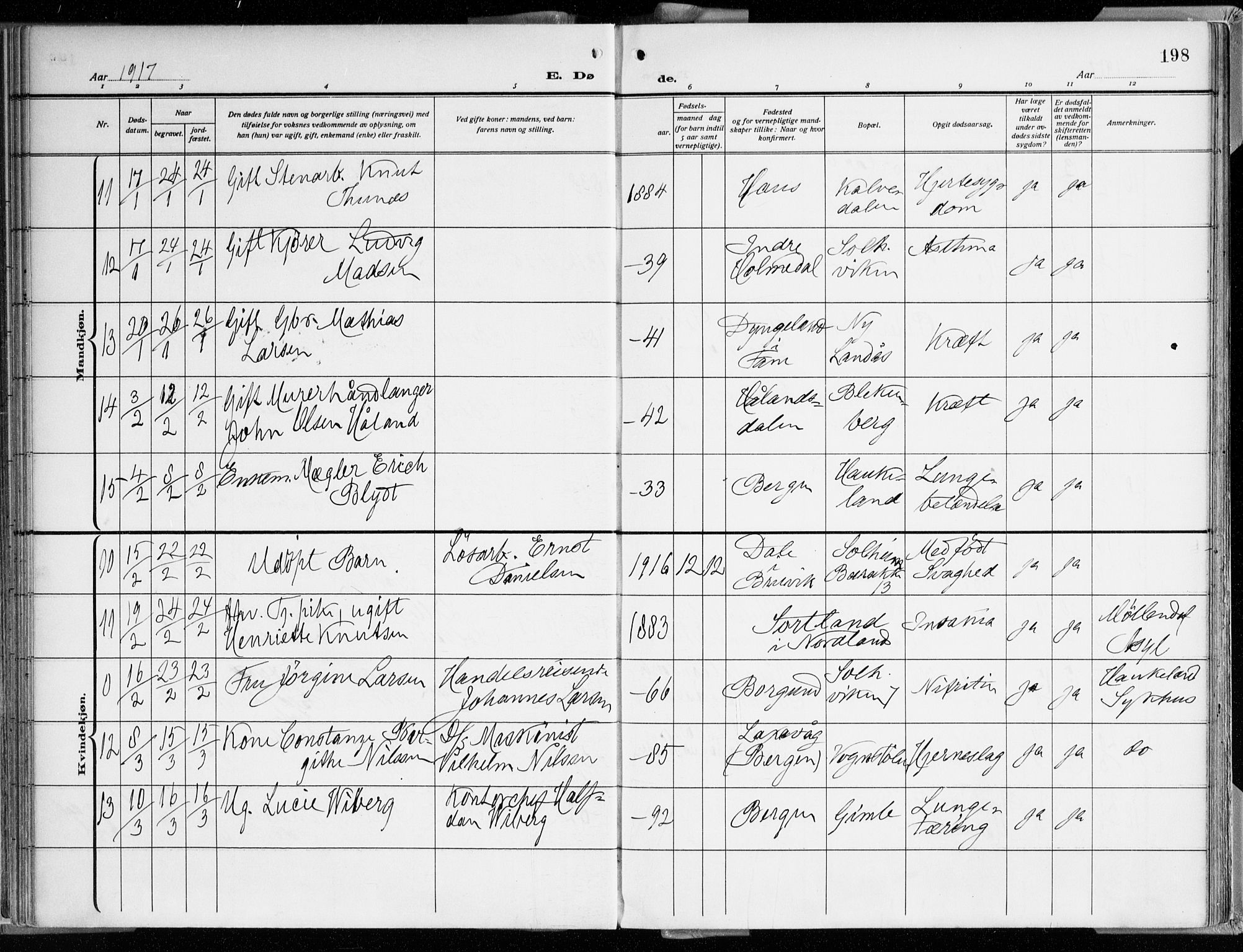 Årstad Sokneprestembete, AV/SAB-A-79301/H/Haa/L0003: Parish register (official) no. A 3, 1914-1919, p. 198