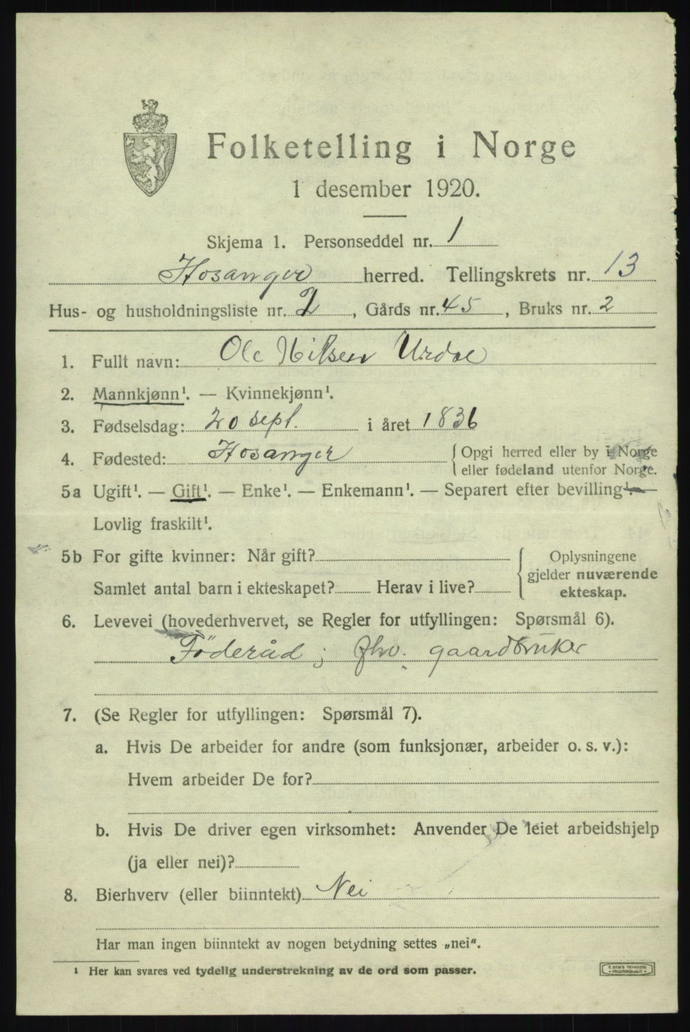 SAB, 1920 census for Hosanger, 1920, p. 5109