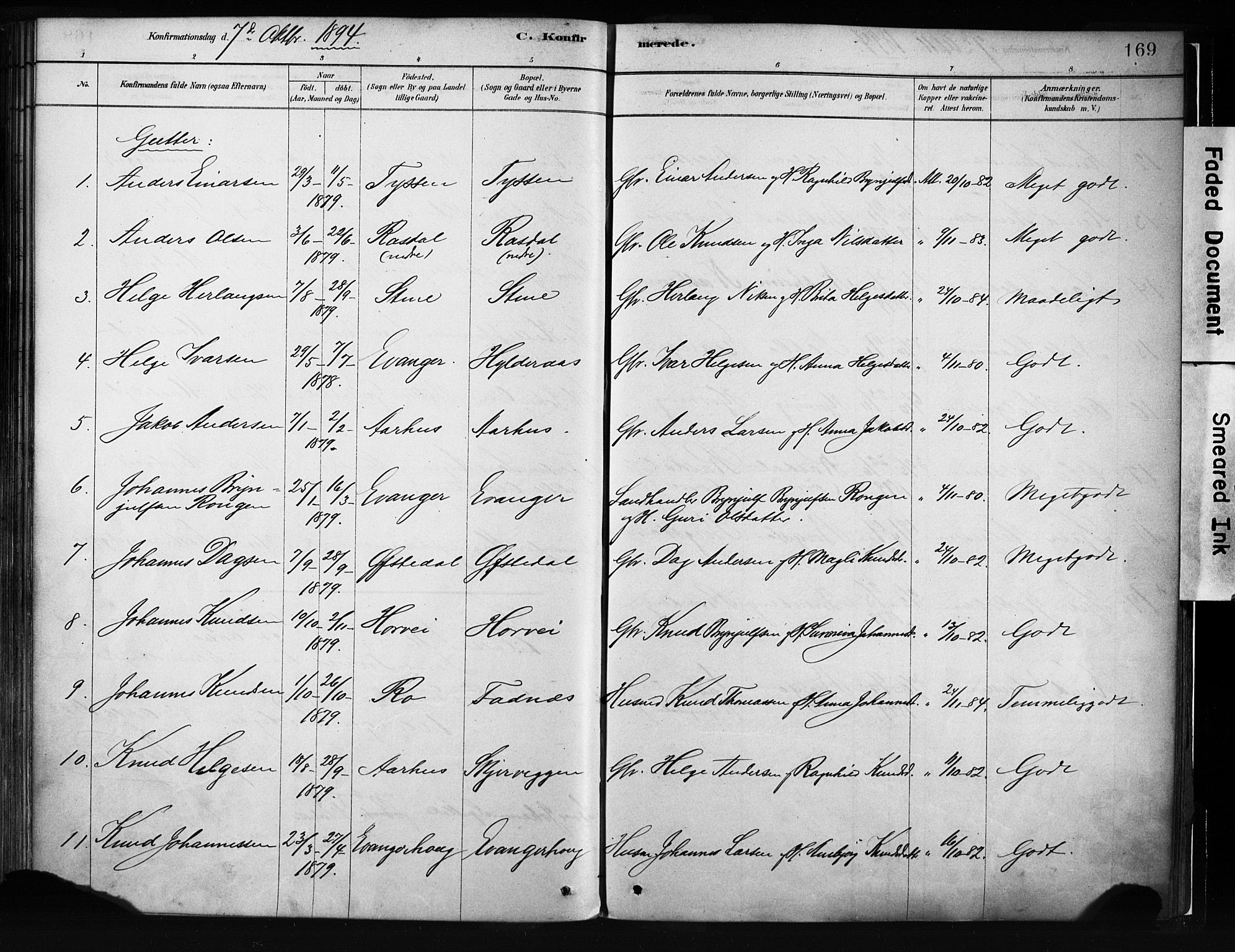 Evanger sokneprestembete, SAB/A-99924: Parish register (official) no. A 1, 1877-1899, p. 169