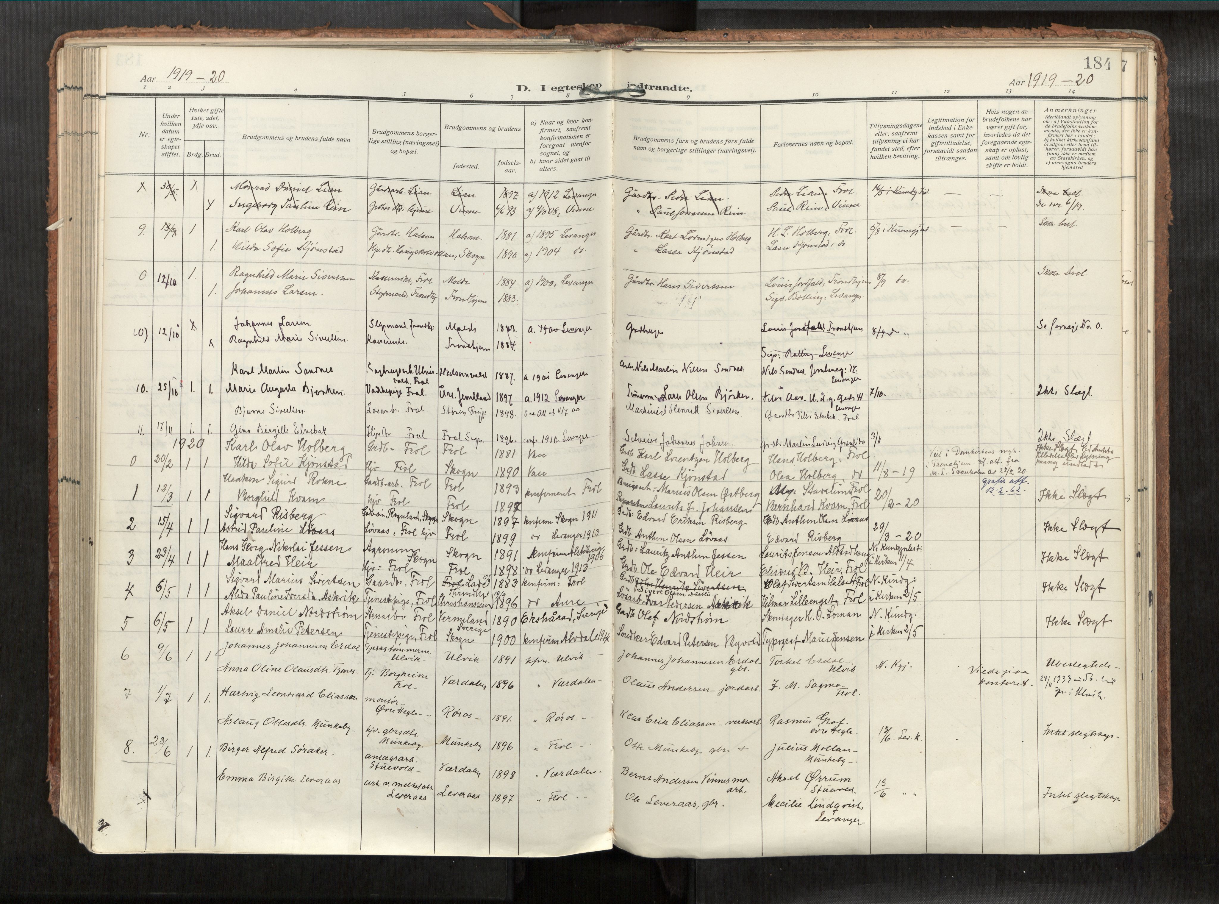 Levanger sokneprestkontor, SAT/A-1301/2/H/Haa/L0002: Parish register (official) no. 2, 1912-1935, p. 184