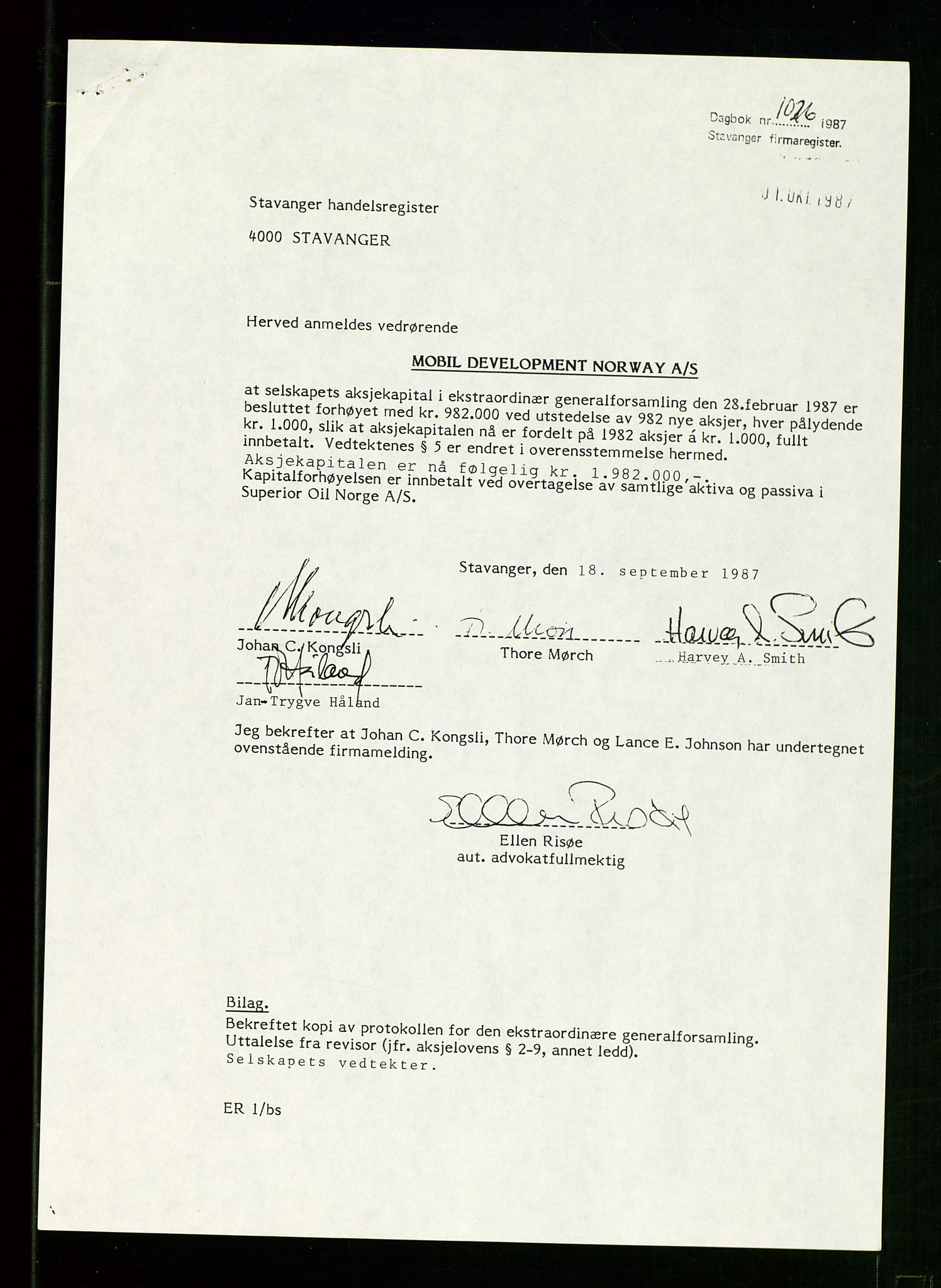 Pa 1578 - Mobil Exploration Norway Incorporated, AV/SAST-A-102024/7/A/Aa/L0001: Styreprotokoll og dokumenter, 1973-1998