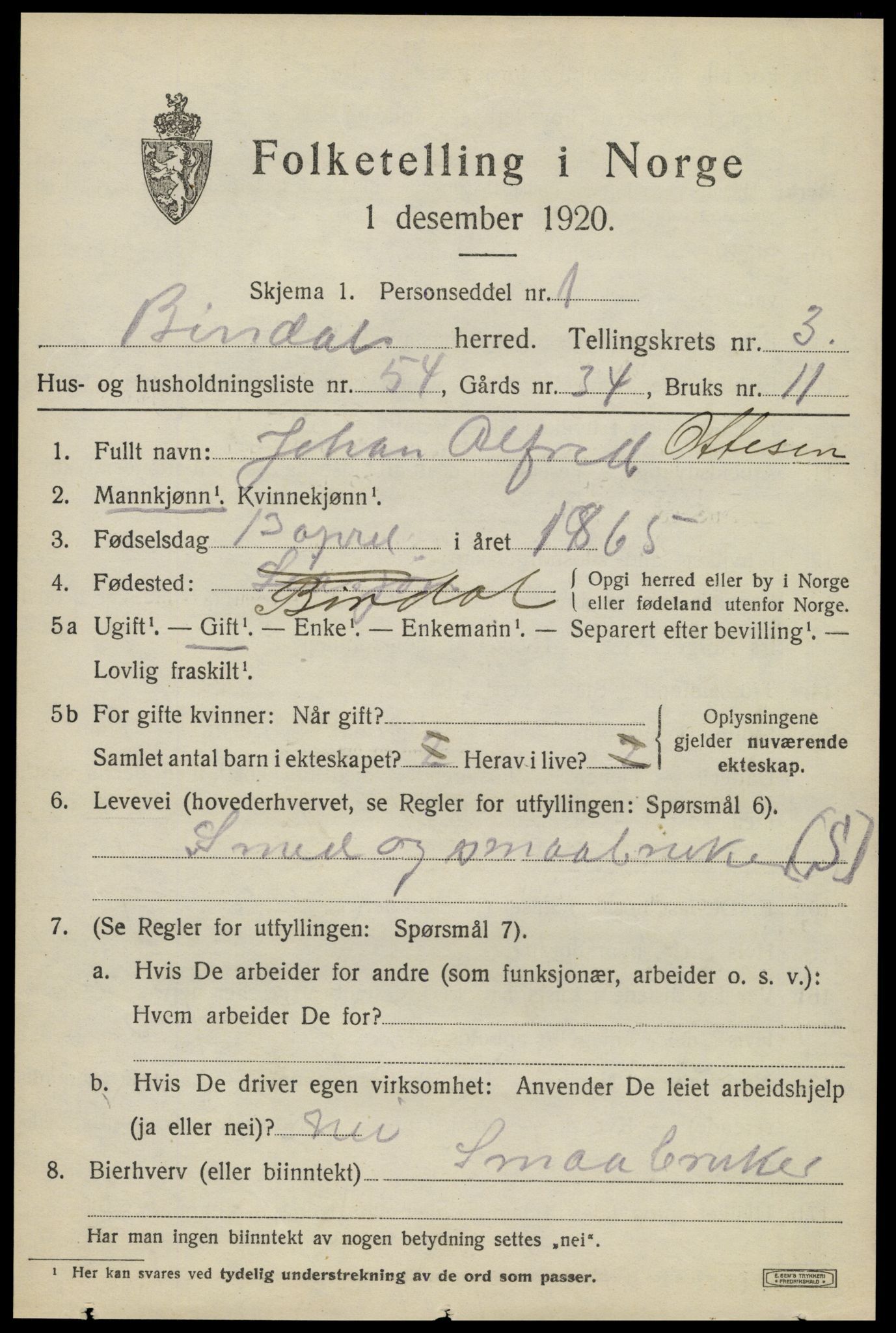 SAT, 1920 census for Bindal, 1920, p. 3303