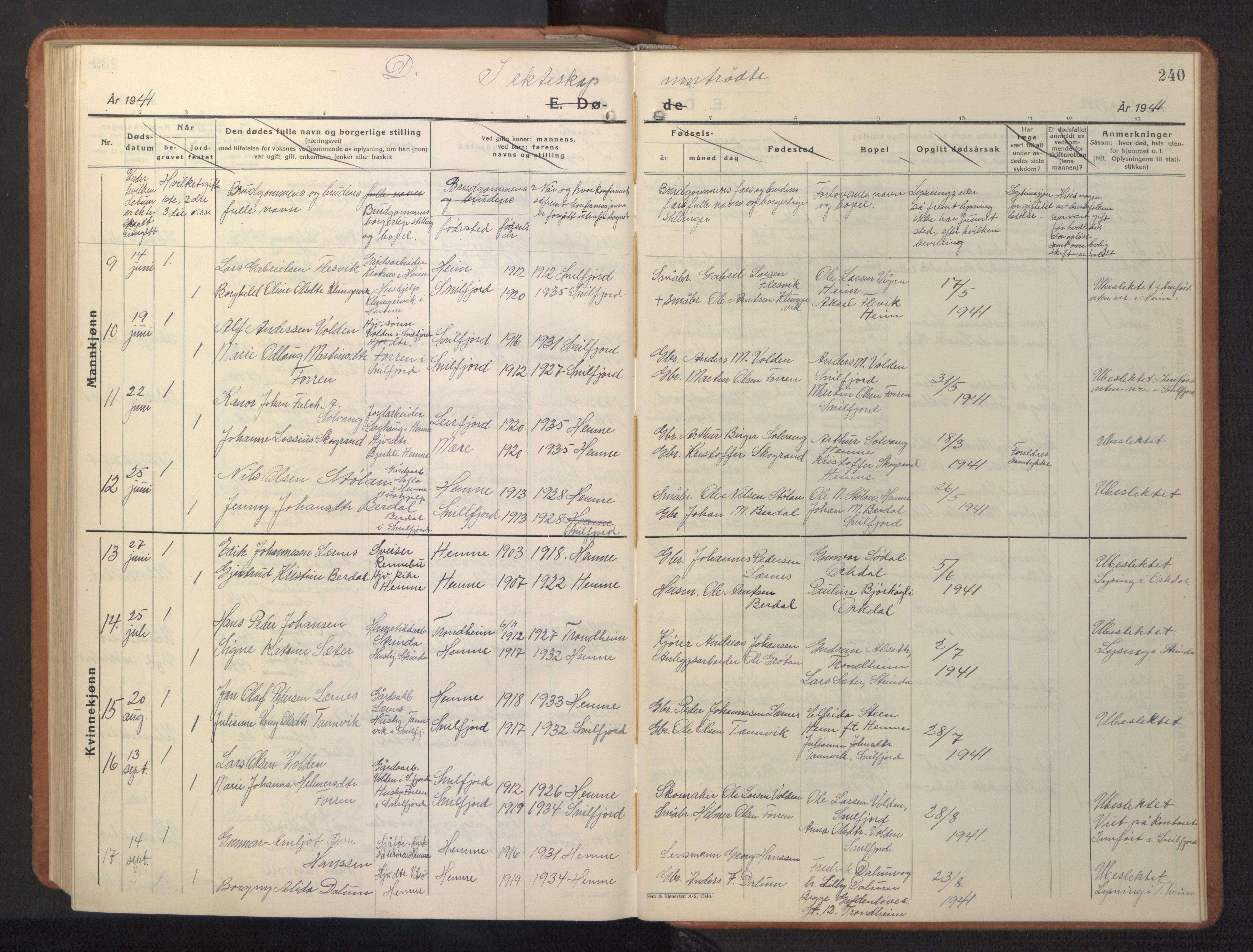 Ministerialprotokoller, klokkerbøker og fødselsregistre - Sør-Trøndelag, SAT/A-1456/630/L0508: Parish register (copy) no. 630C06, 1933-1950, p. 240