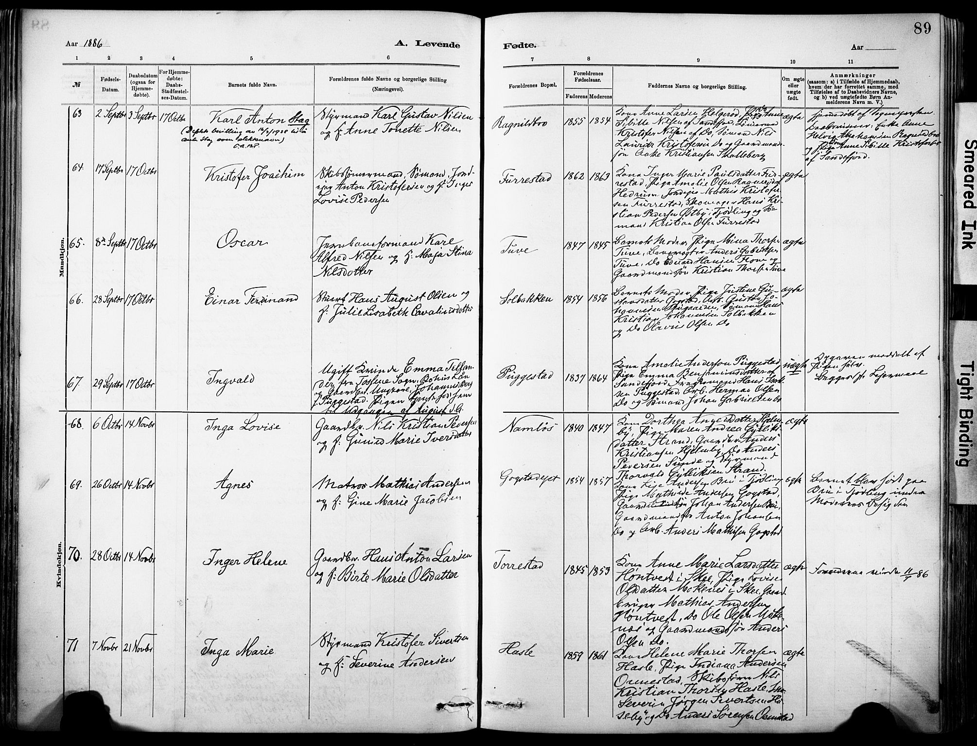 Sandar kirkebøker, SAKO/A-243/F/Fa/L0012: Parish register (official) no. 12, 1883-1895, p. 89