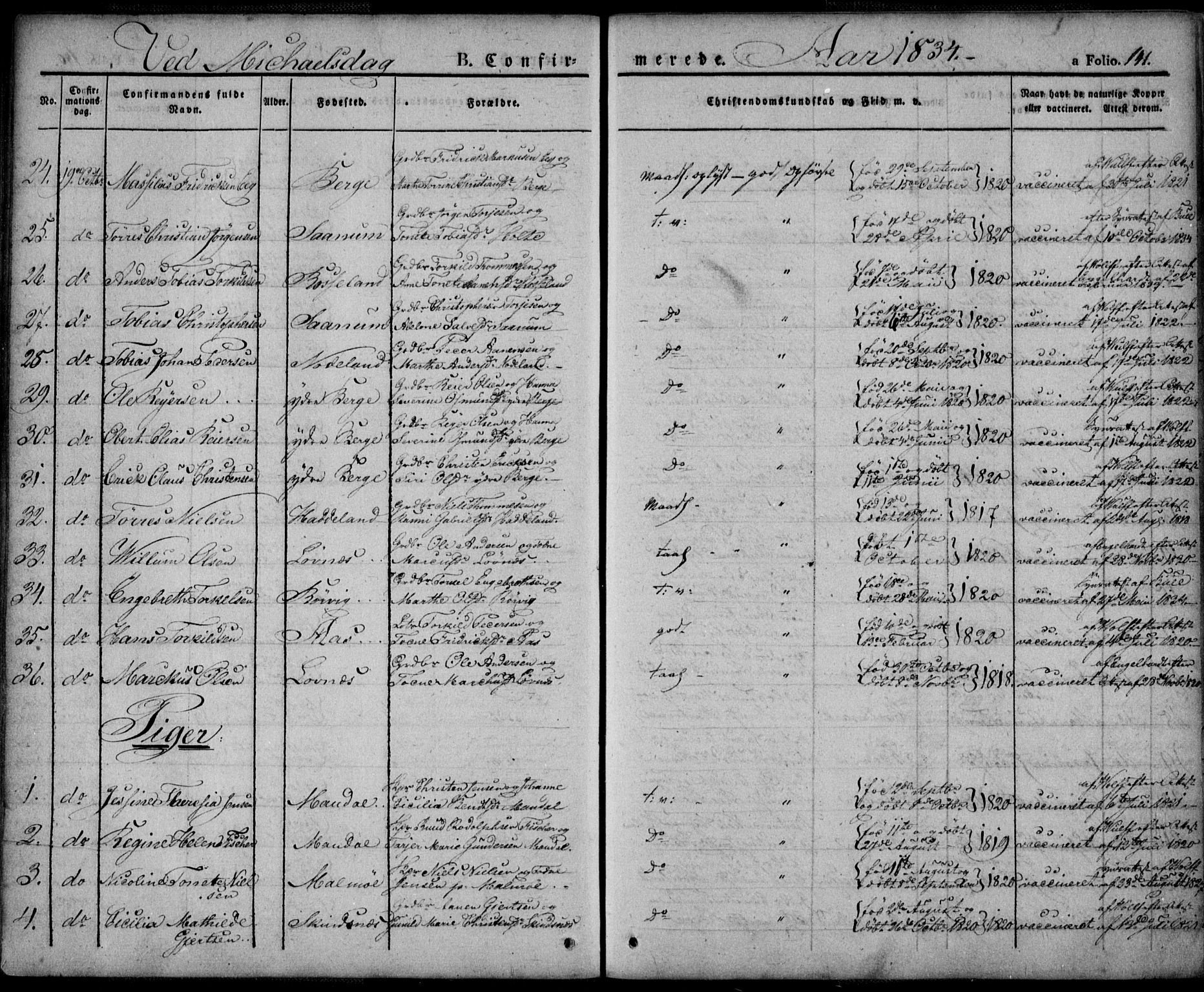 Mandal sokneprestkontor, AV/SAK-1111-0030/F/Fa/Faa/L0011: Parish register (official) no. A 11, 1830-1839, p. 141