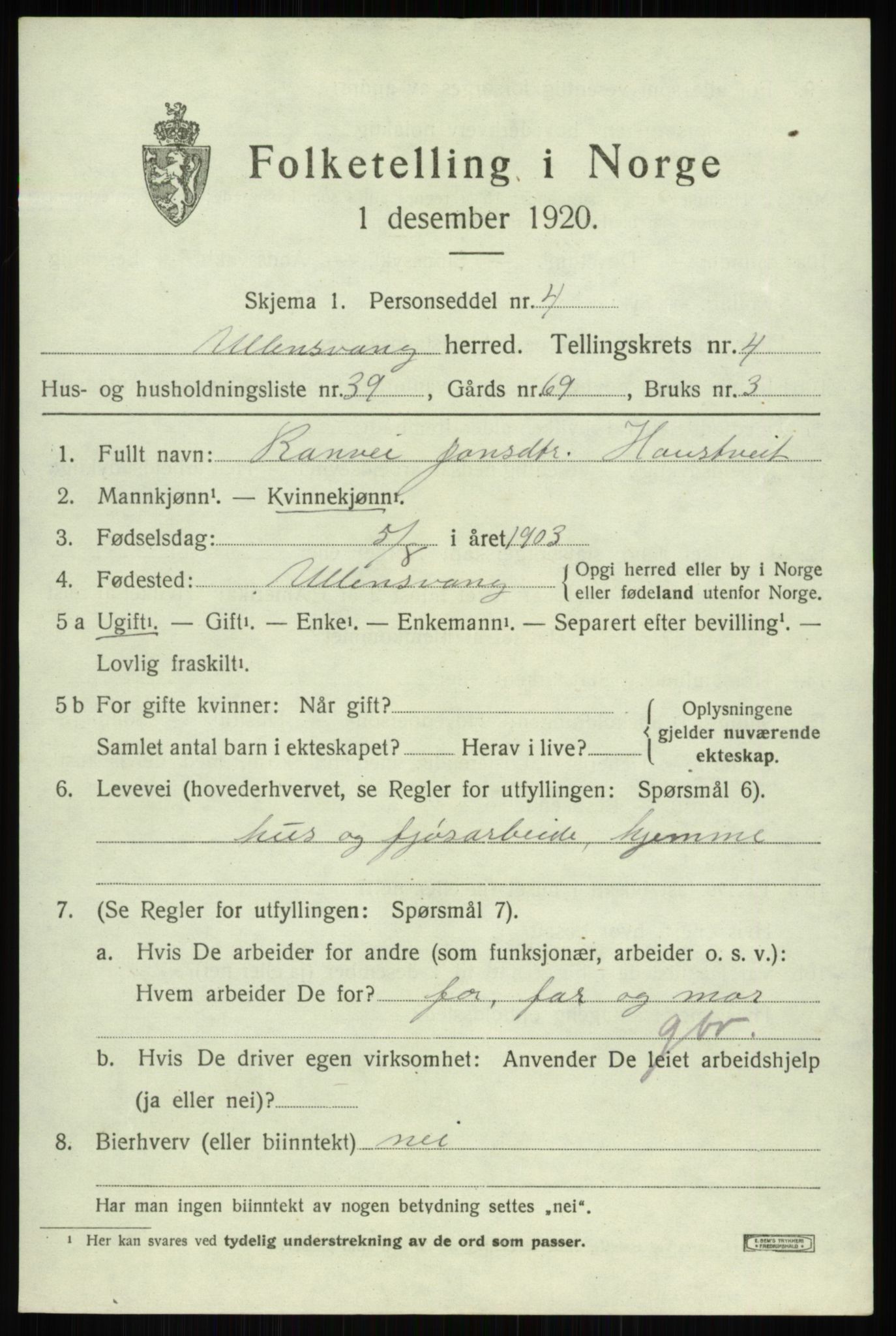 SAB, 1920 census for Ullensvang, 1920, p. 2364