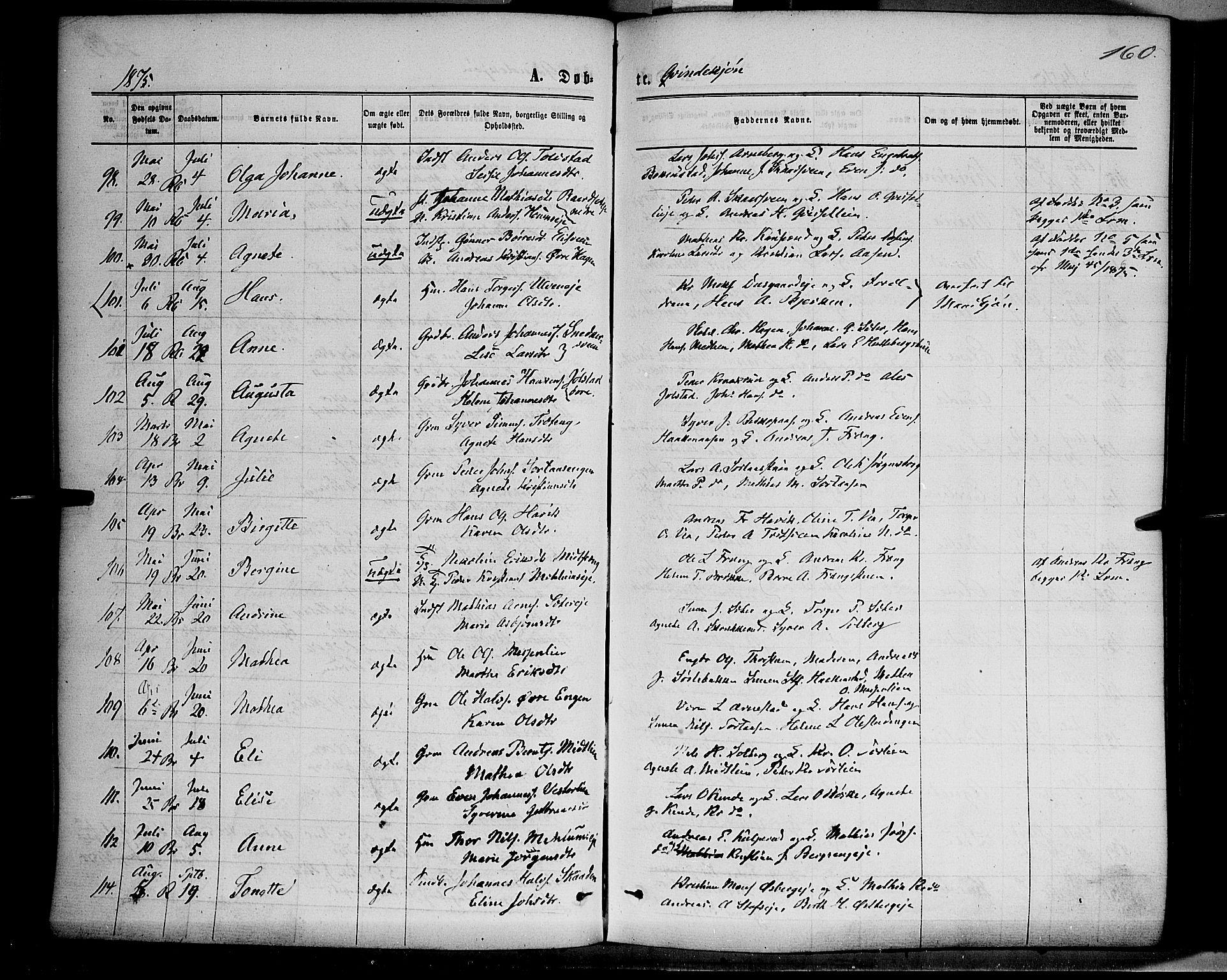 Ringsaker prestekontor, SAH/PREST-014/K/Ka/L0011: Parish register (official) no. 11, 1870-1878, p. 160
