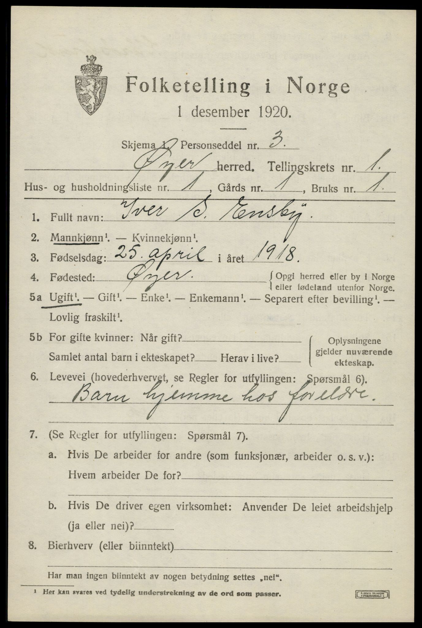 SAH, 1920 census for Øyer, 1920, p. 1207