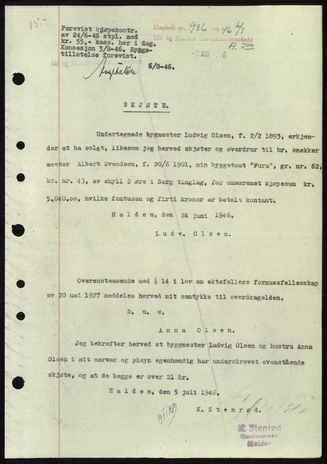 Idd og Marker sorenskriveri, AV/SAO-A-10283/G/Gb/Gbb/L0008: Mortgage book no. A8, 1946-1946, Diary no: : 986/1946