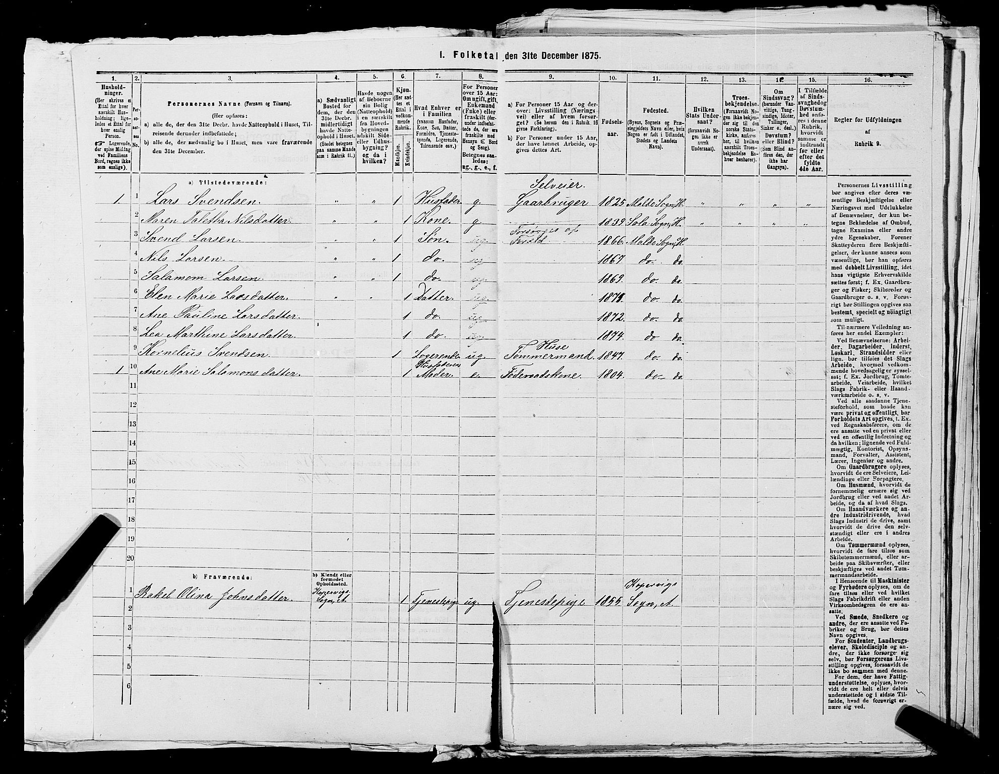 SAST, 1875 census for 1124P Håland, 1875, p. 1009