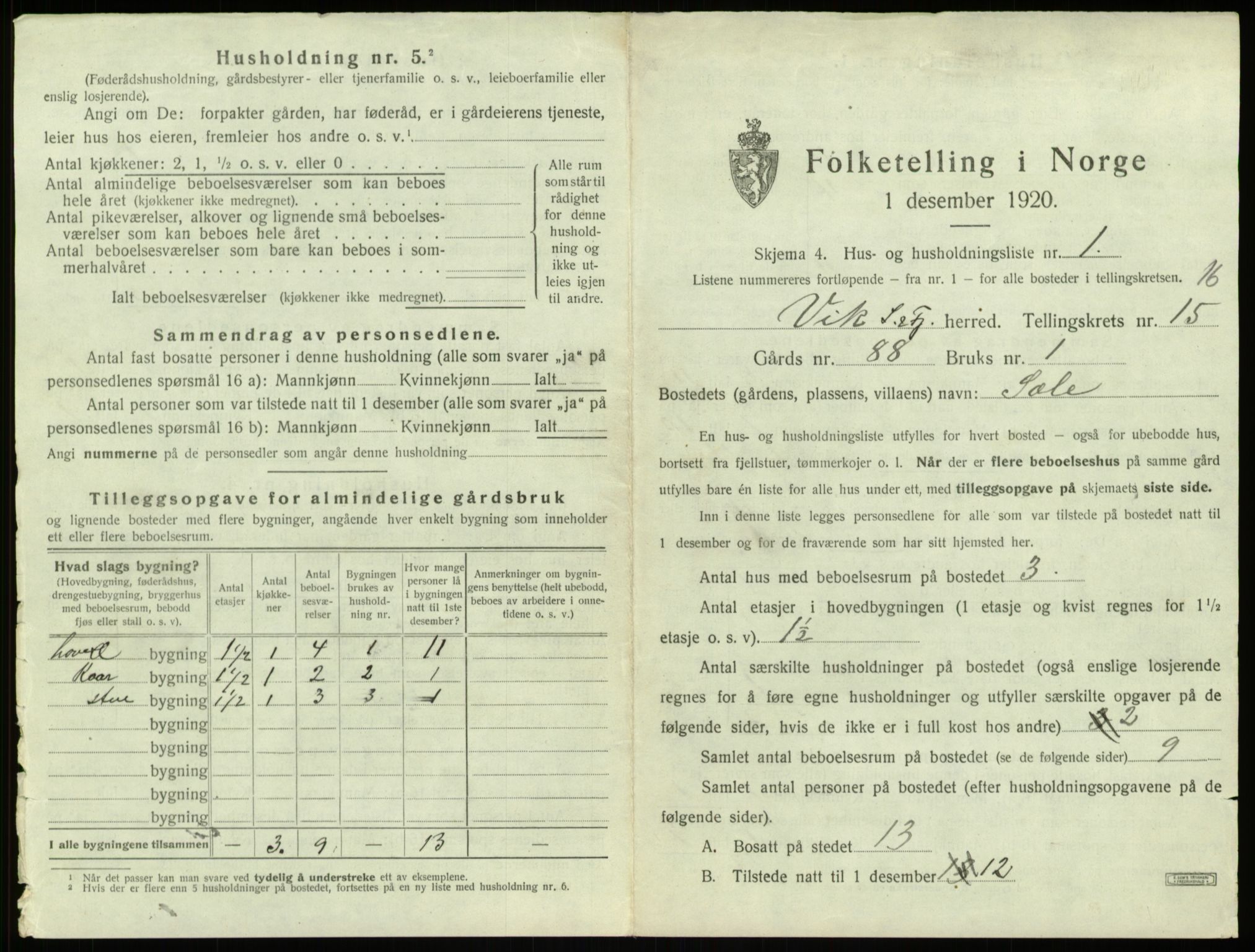 SAB, 1920 census for Vik, 1920, p. 1240