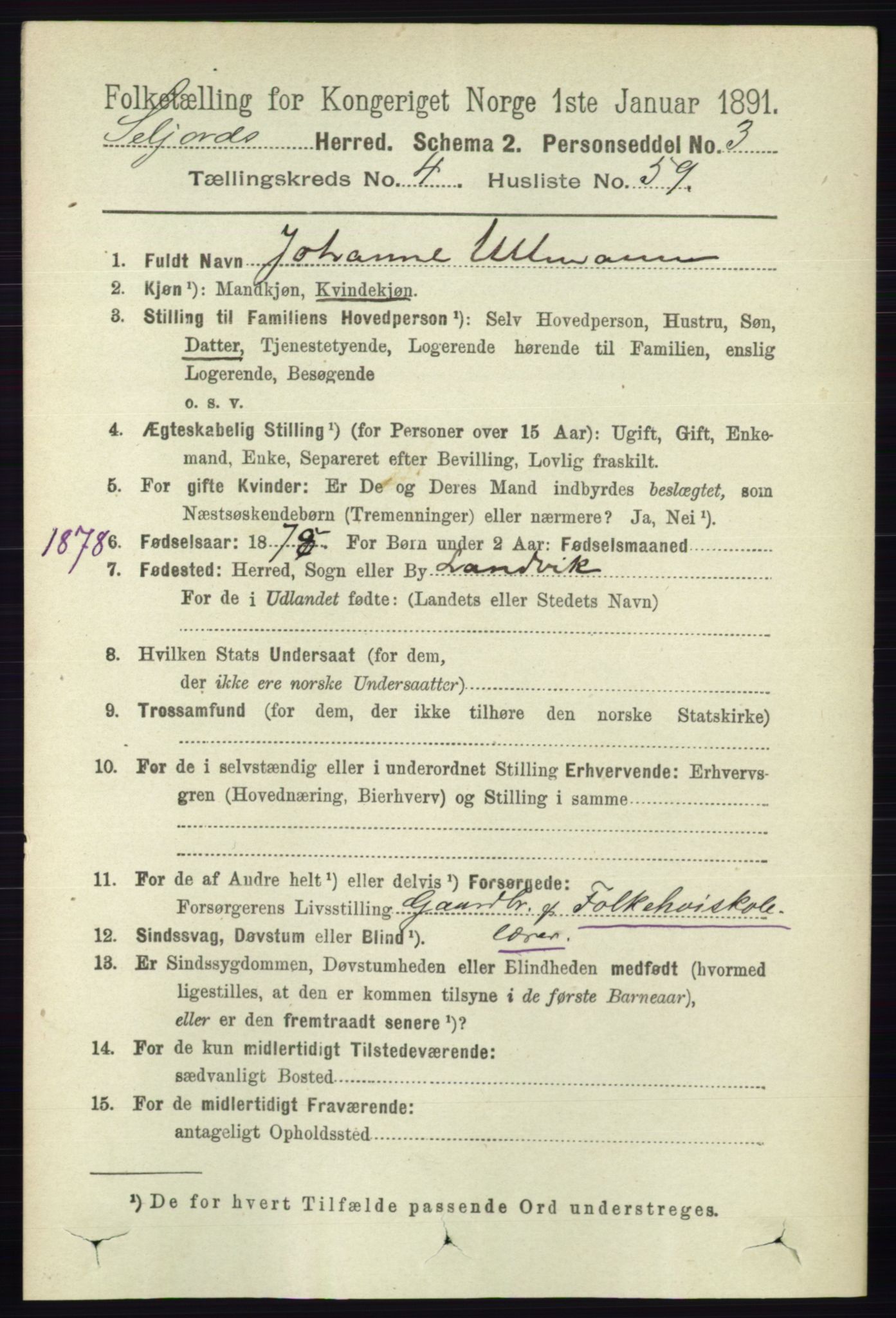 RA, 1891 census for 0828 Seljord, 1891, p. 1624