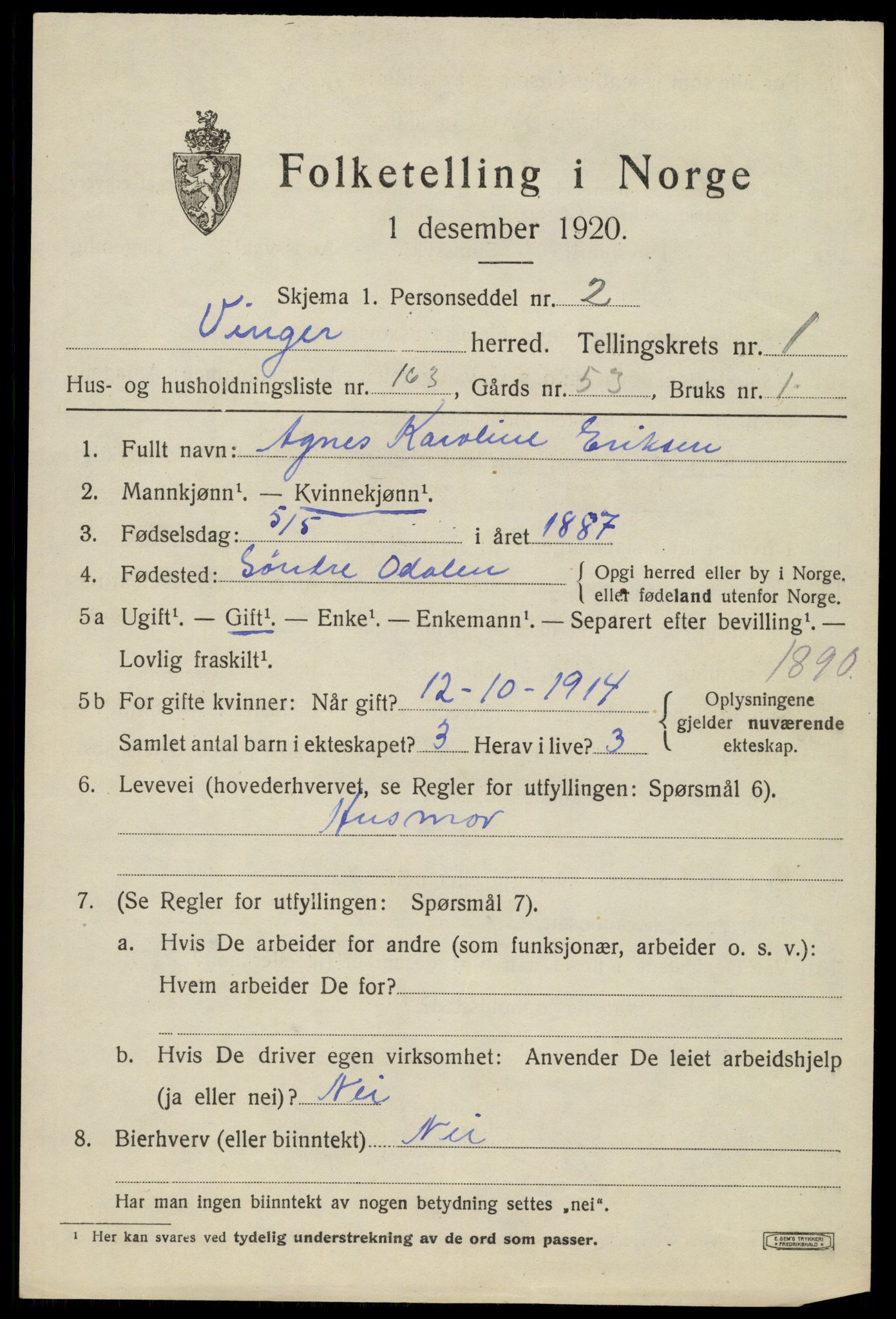 SAH, 1920 census for Vinger, 1920, p. 3958