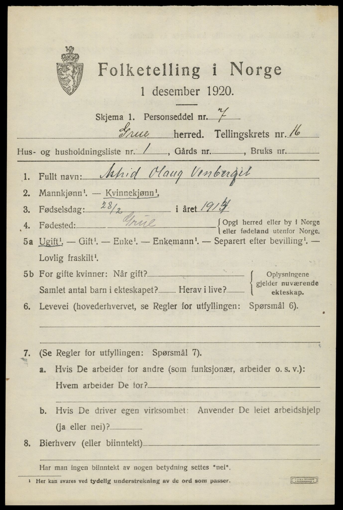 SAH, 1920 census for Grue, 1920, p. 13491