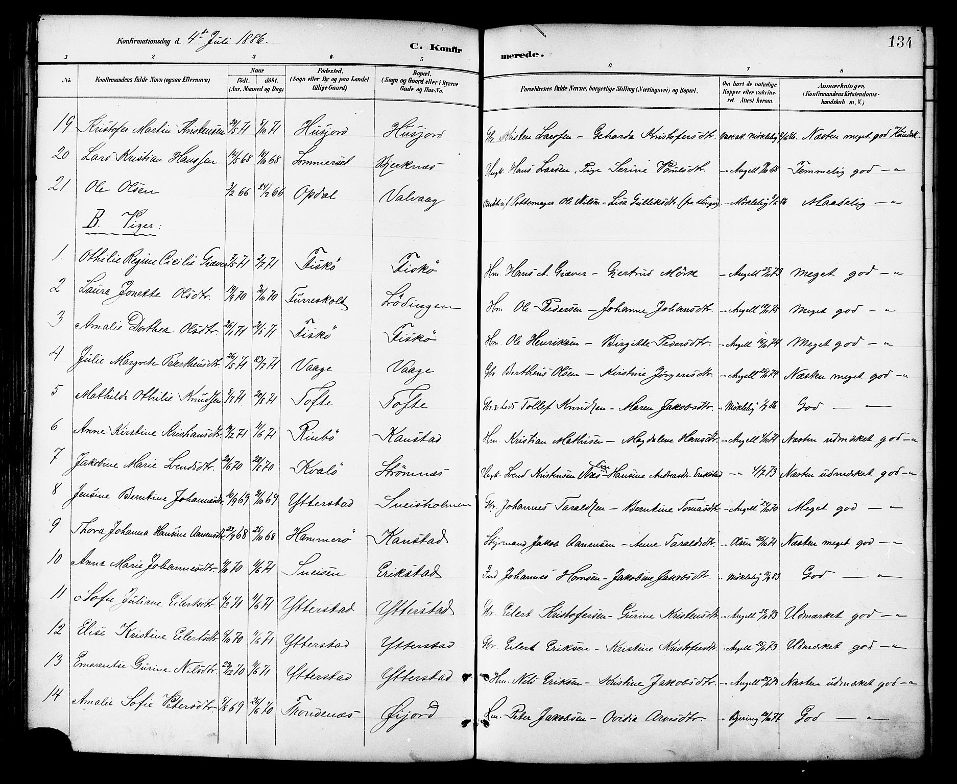 Ministerialprotokoller, klokkerbøker og fødselsregistre - Nordland, AV/SAT-A-1459/872/L1035: Parish register (official) no. 872A10, 1884-1896, p. 134